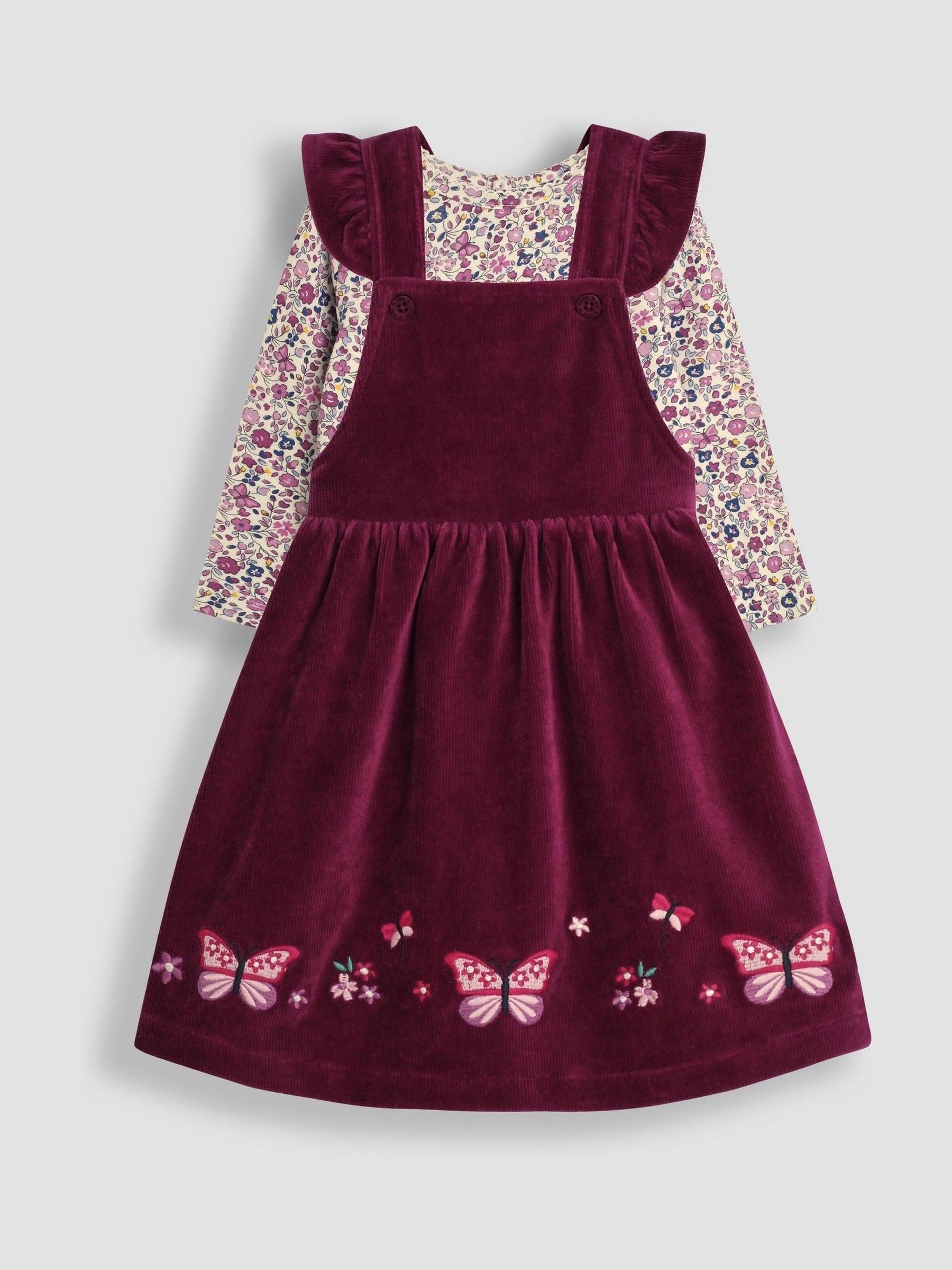 Plum Purple Butterfly Velour Appliqué Velour Pinafore Dress And Top Set - Image 2 of 7