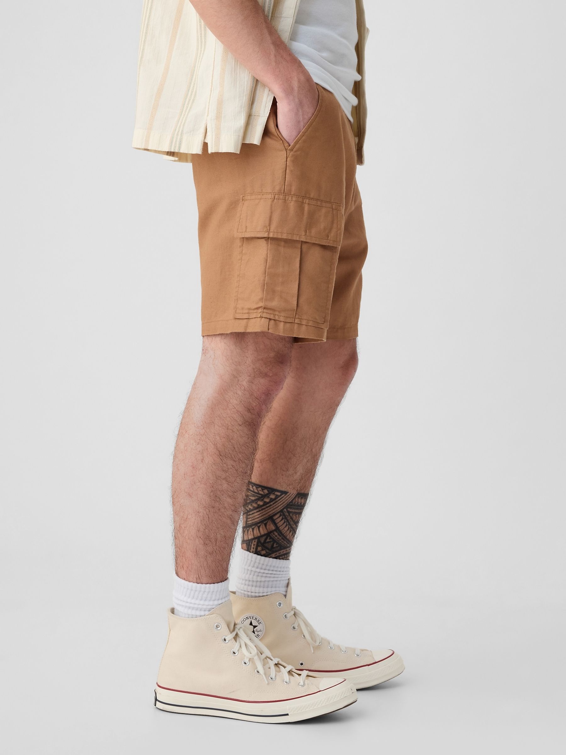 Brown Linen Cotton Cargo Shorts - Image 3 of 5