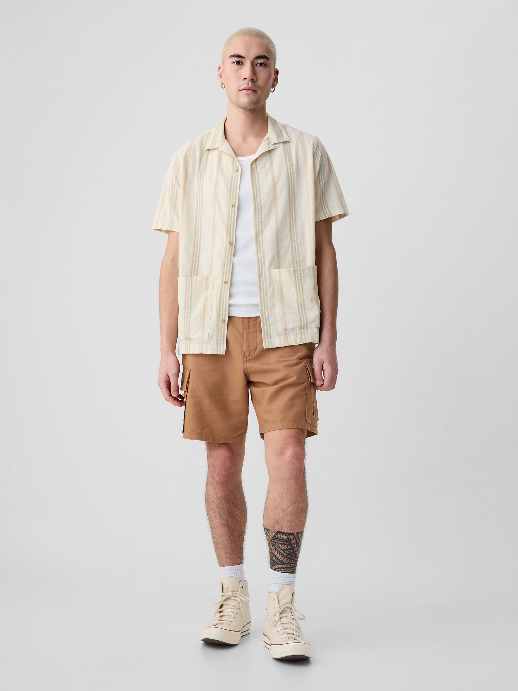 Brown Linen Cotton Cargo Shorts - Image 4 of 5