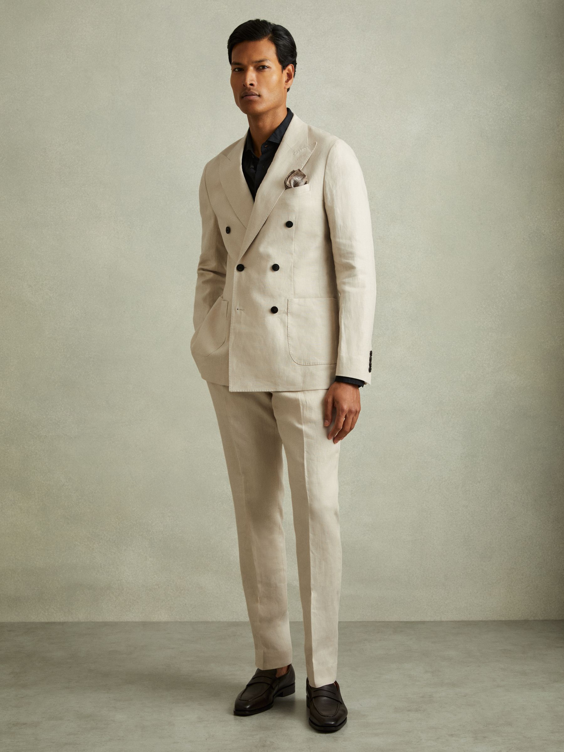 Linen Double Breasted Modern Fit Blazer in Oatmeal - Image 1 of 6