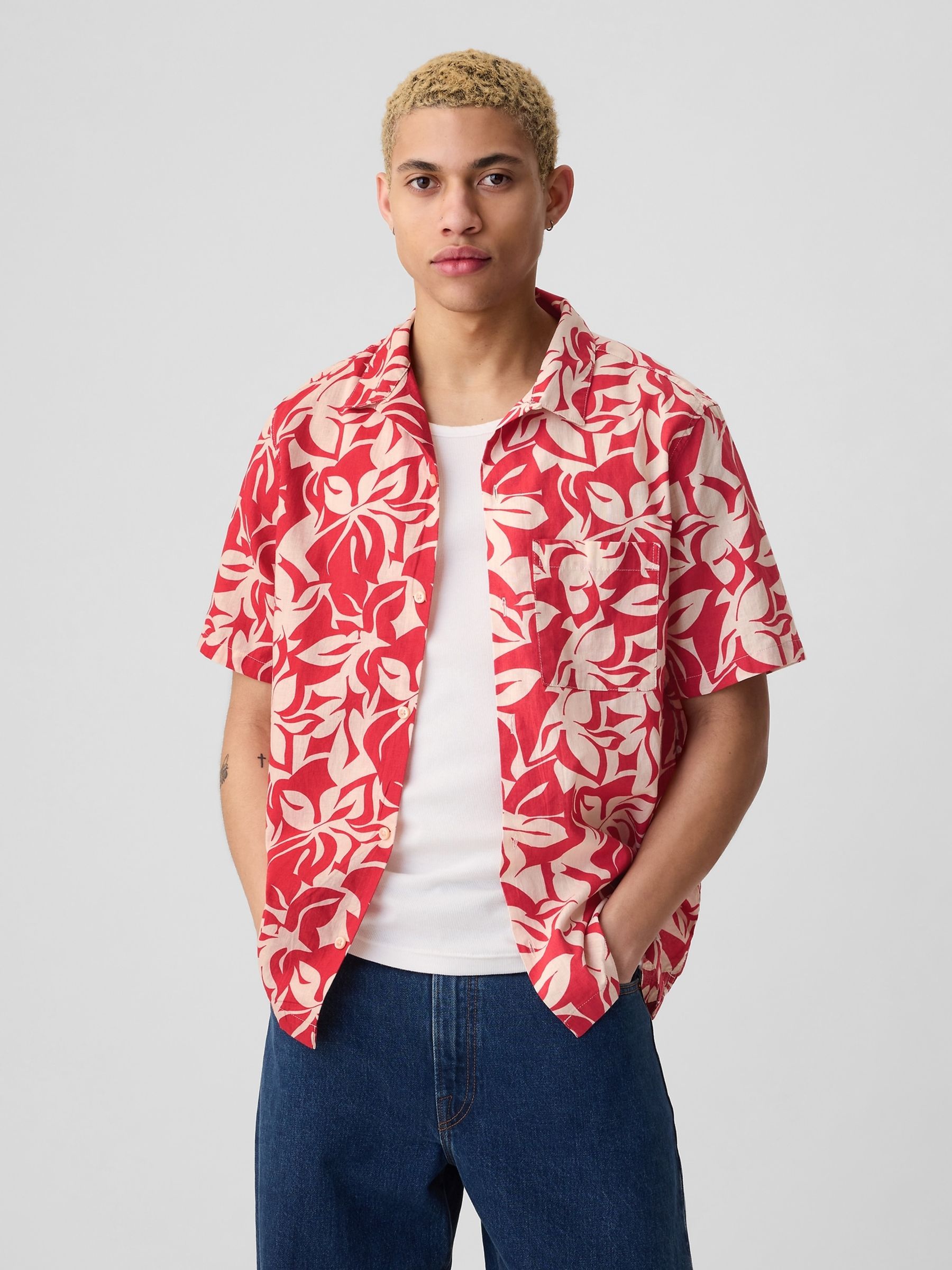 Red Floral Linen Cotton Short Sleeve Shirt - Image 1 of 4