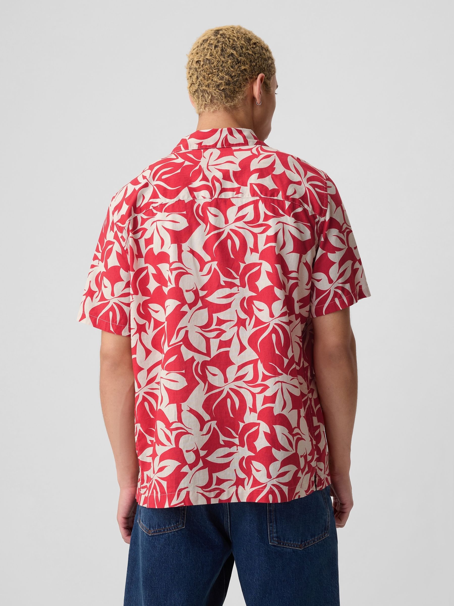 Red Floral Linen Cotton Short Sleeve Shirt - Image 2 of 4
