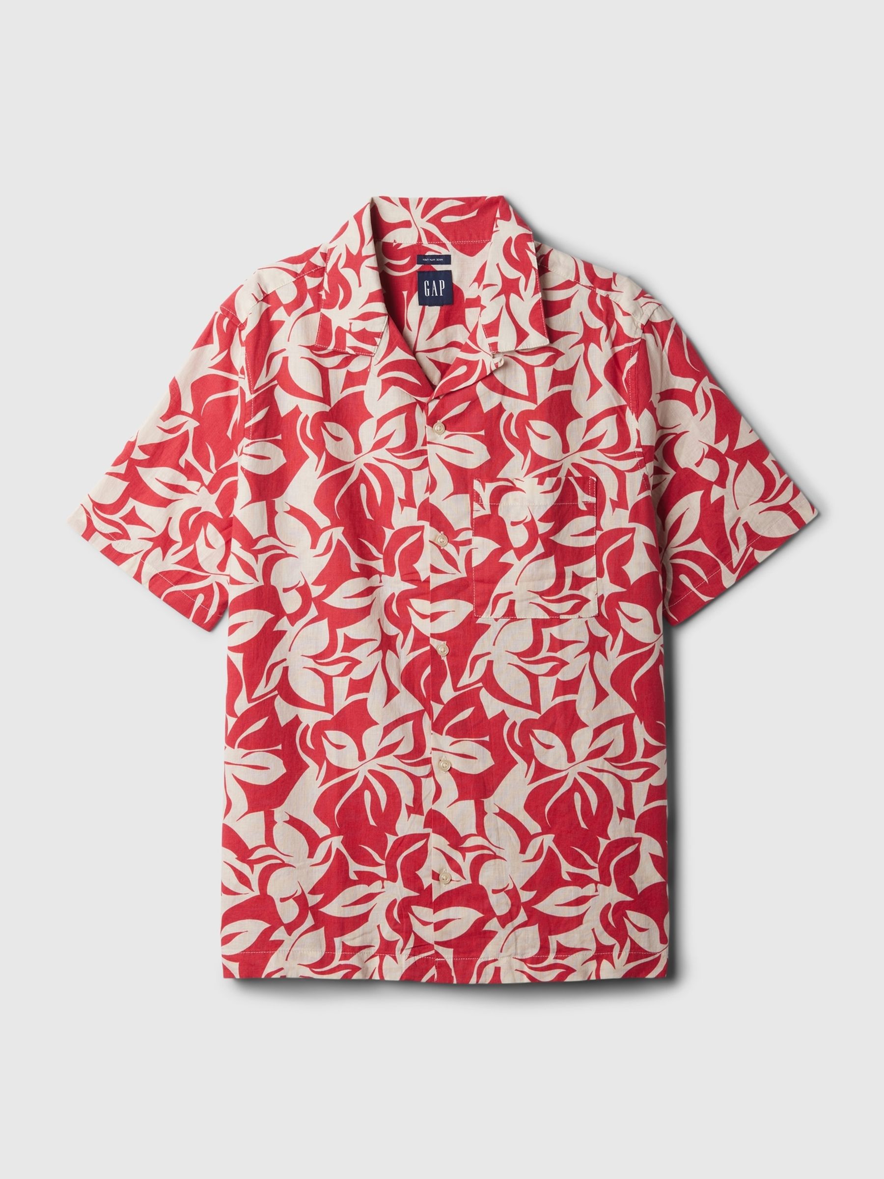 Red Floral Linen Cotton Short Sleeve Shirt - Image 4 of 4