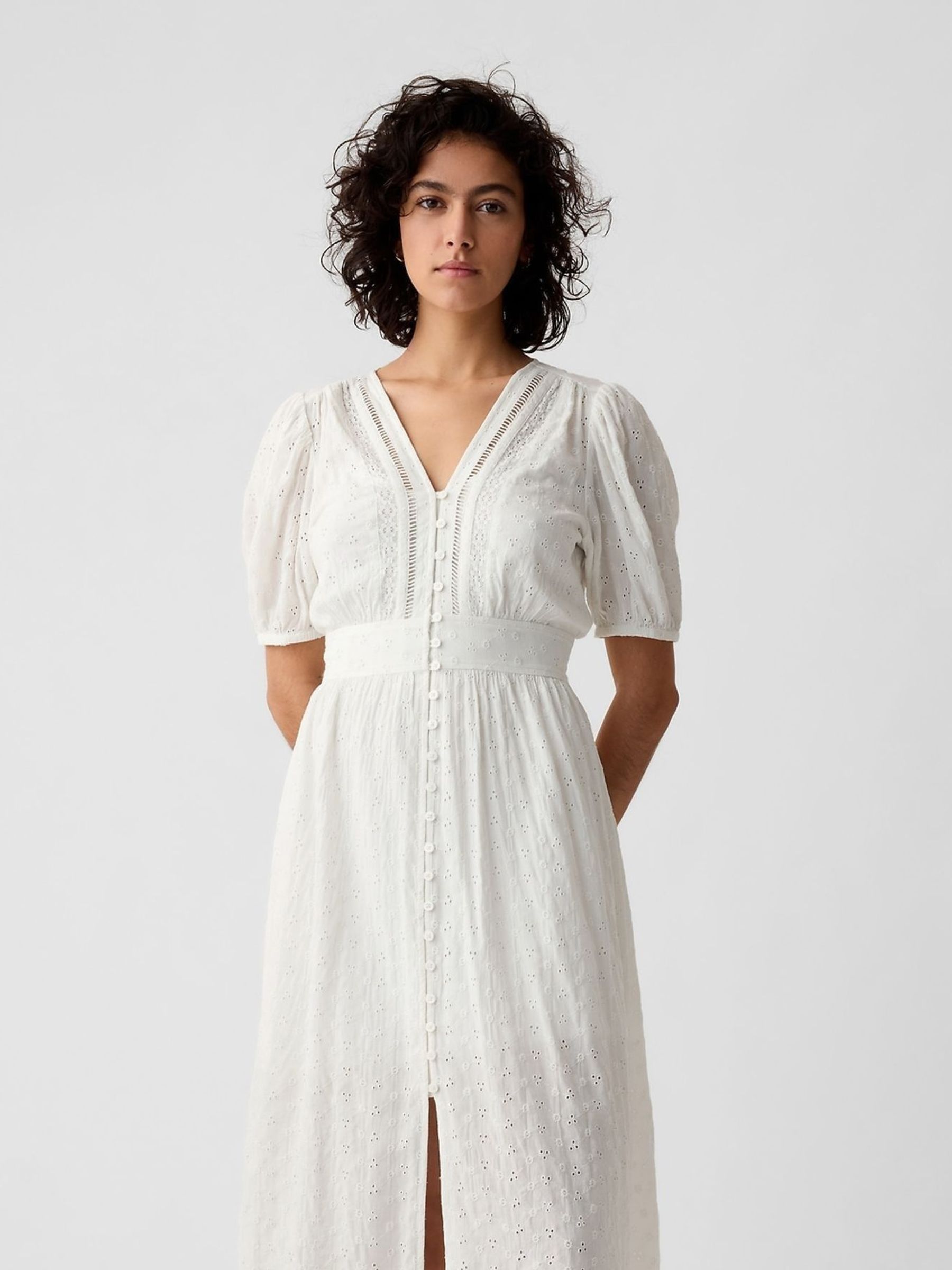 White Puff Sleeve Button Front Broderie Midi Dress - Image 1 of 6