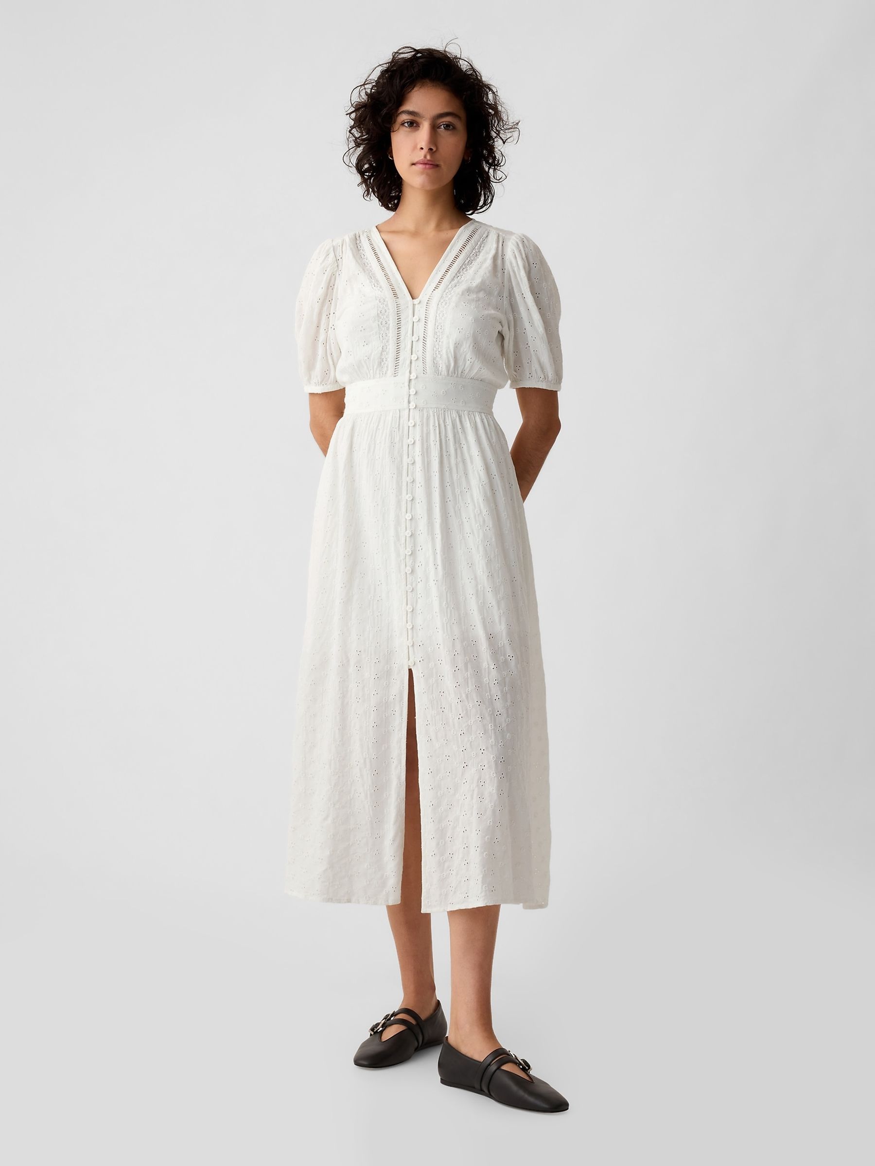 White Puff Sleeve Button Front Broderie Midi Dress - Image 2 of 6