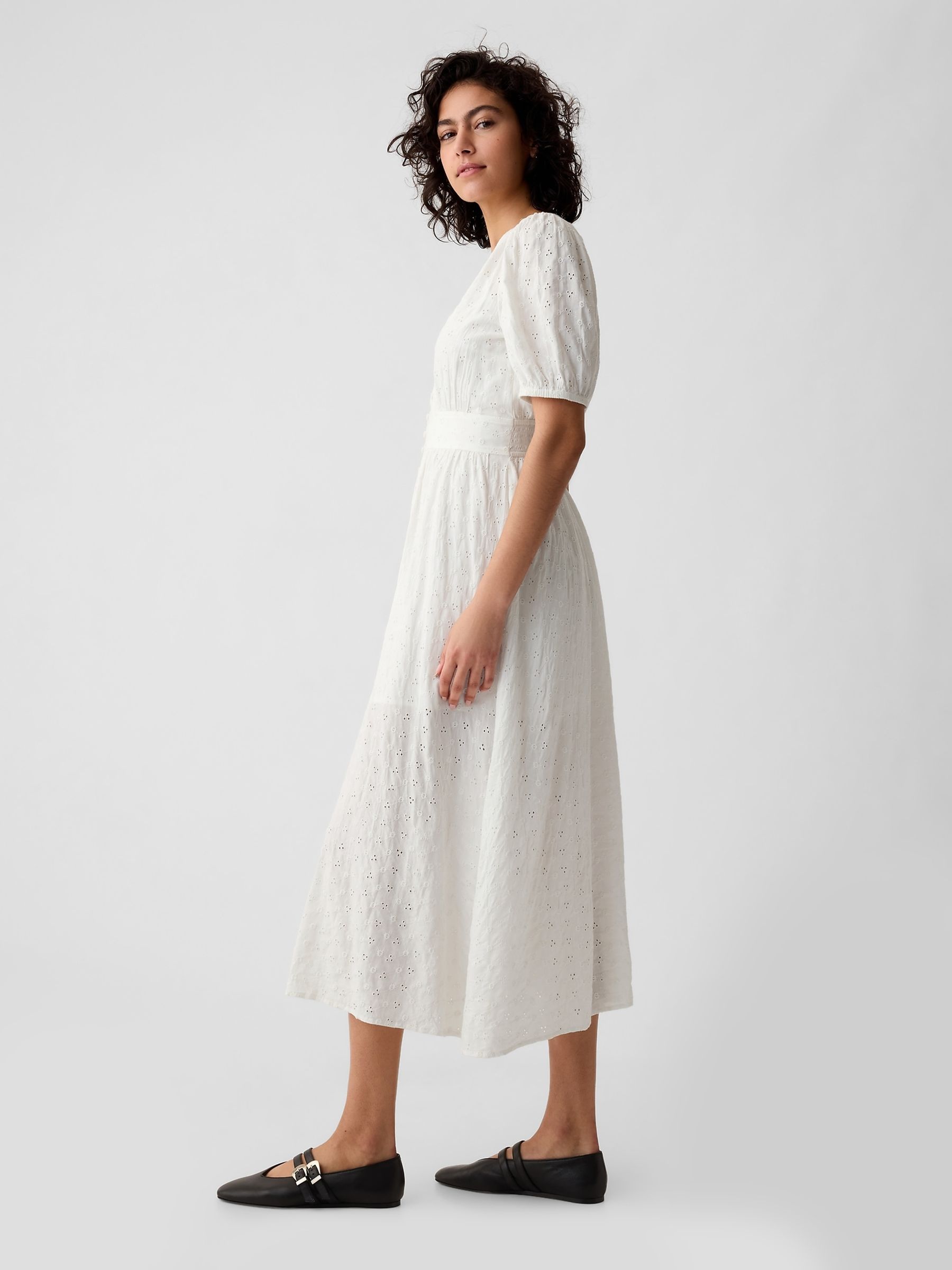 White Puff Sleeve Button Front Broderie Midi Dress - Image 4 of 6