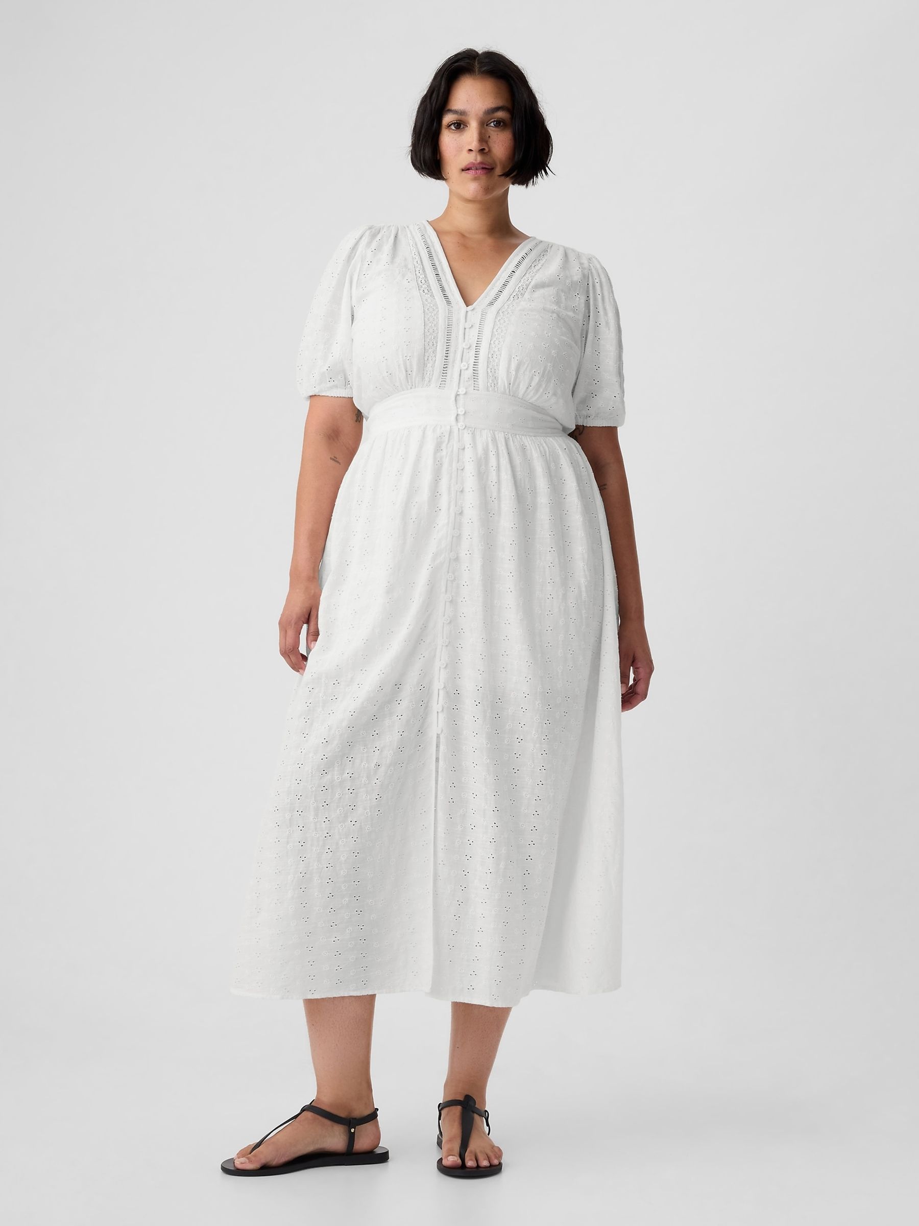 White Puff Sleeve Button Front Broderie Midi Dress - Image 5 of 6