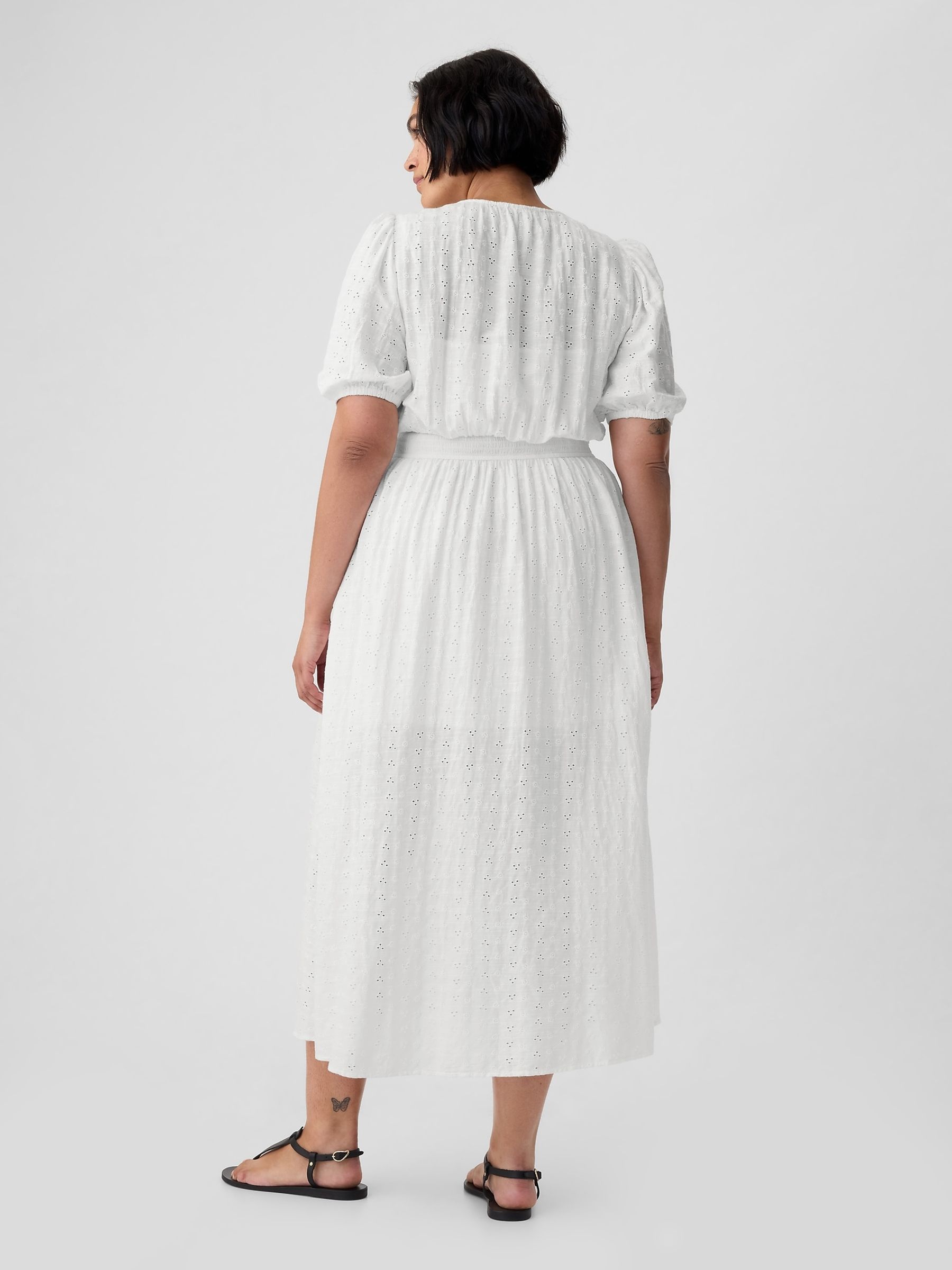 White Puff Sleeve Button Front Broderie Midi Dress - Image 6 of 6