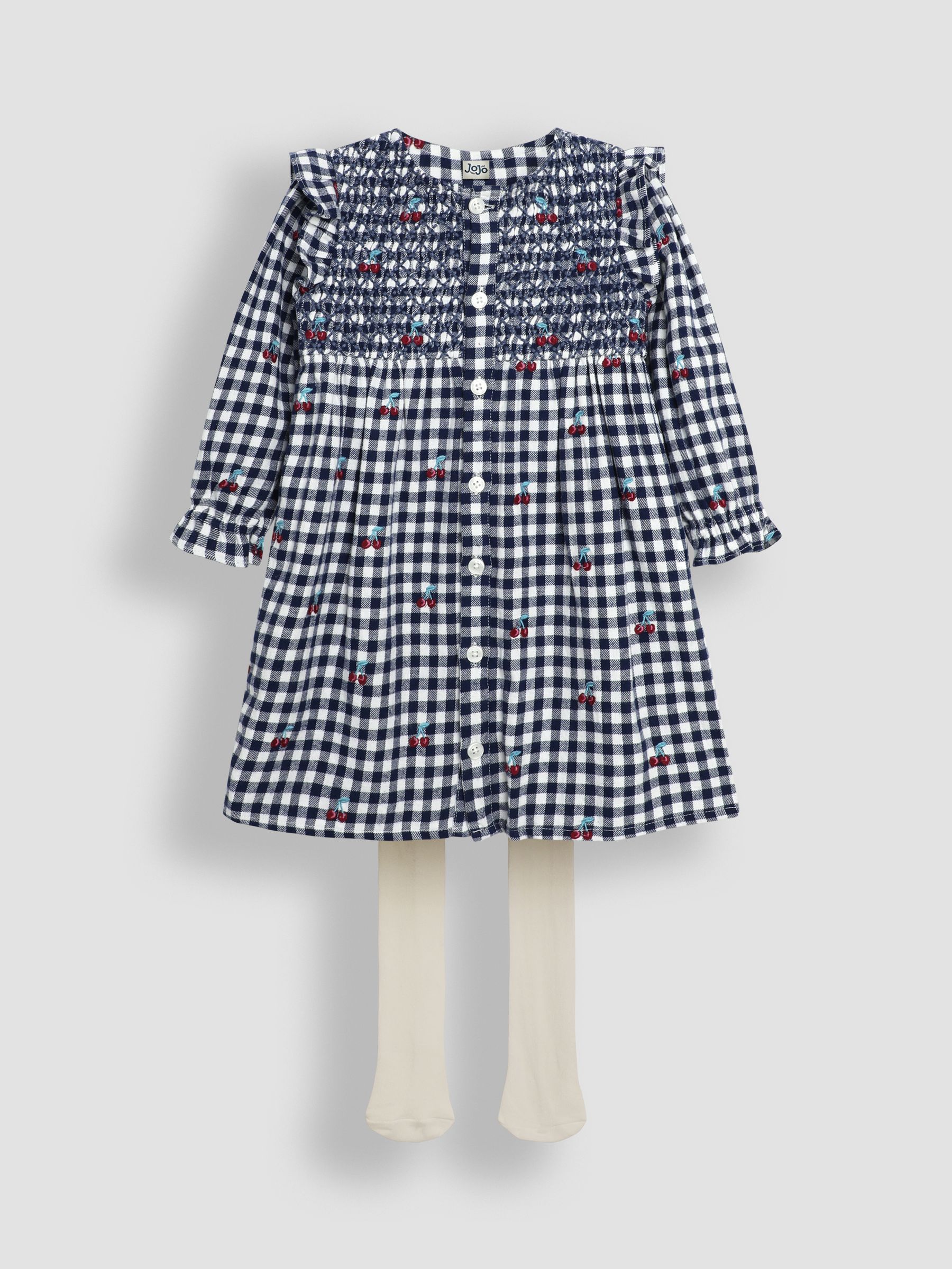 Navy Blue Cherry Embroidered Frill Shoulder Smocked Dress & Tights Set - Image 1 of 6