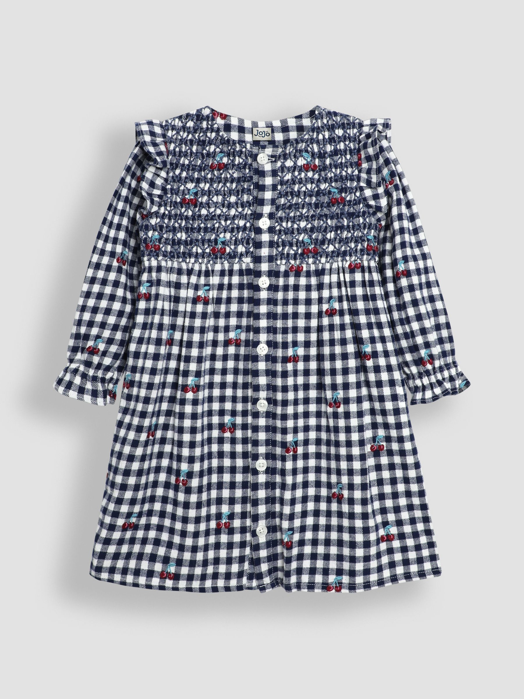 Navy Blue Cherry Embroidered Frill Shoulder Smocked Dress & Tights Set - Image 2 of 6