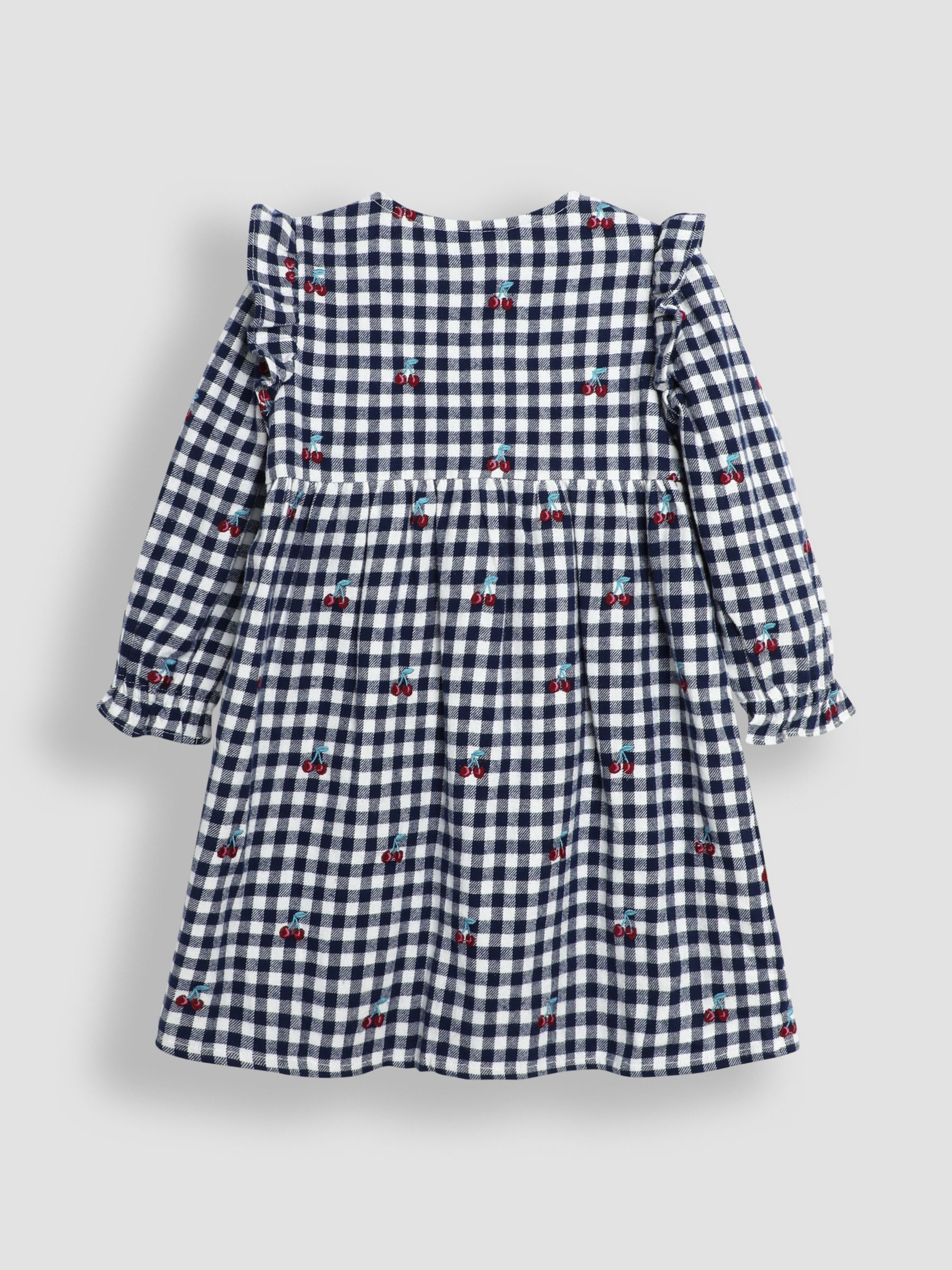 Navy Blue Cherry Embroidered Frill Shoulder Smocked Dress & Tights Set - Image 3 of 6