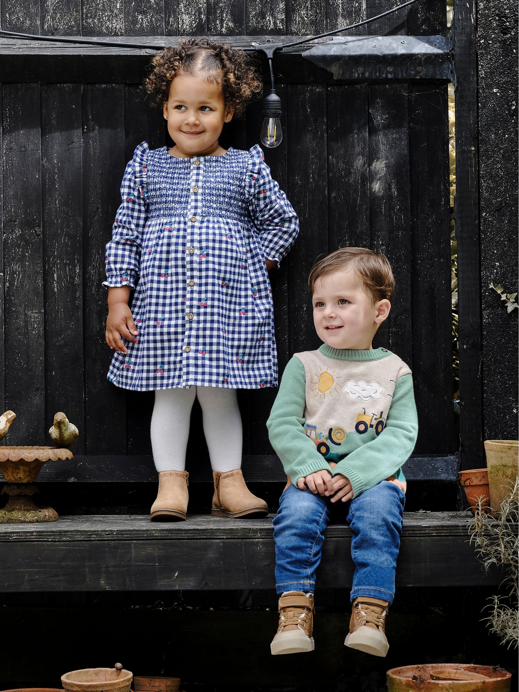 Navy Blue Cherry Embroidered Frill Shoulder Smocked Dress & Tights Set - Image 6 of 6