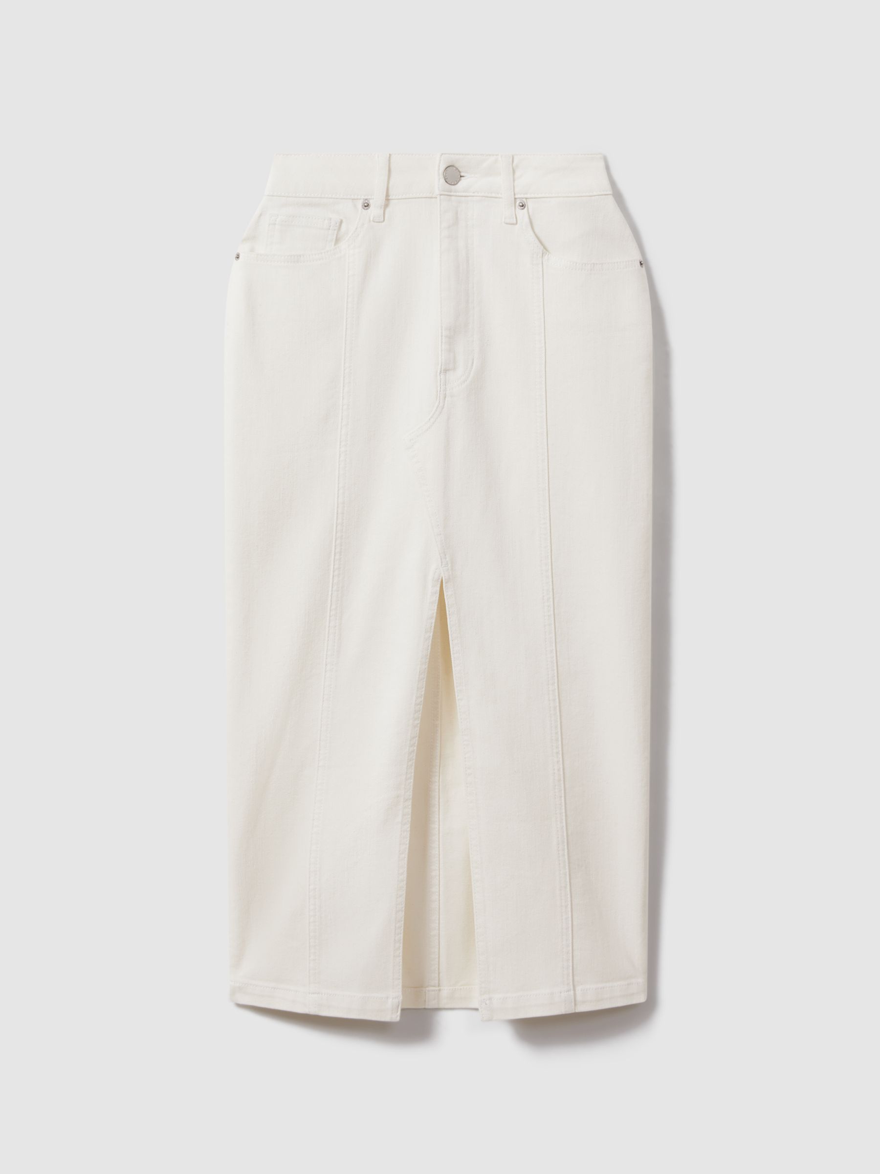 High Rise Denim Midi Skirt in Ivory - Image 2 of 5