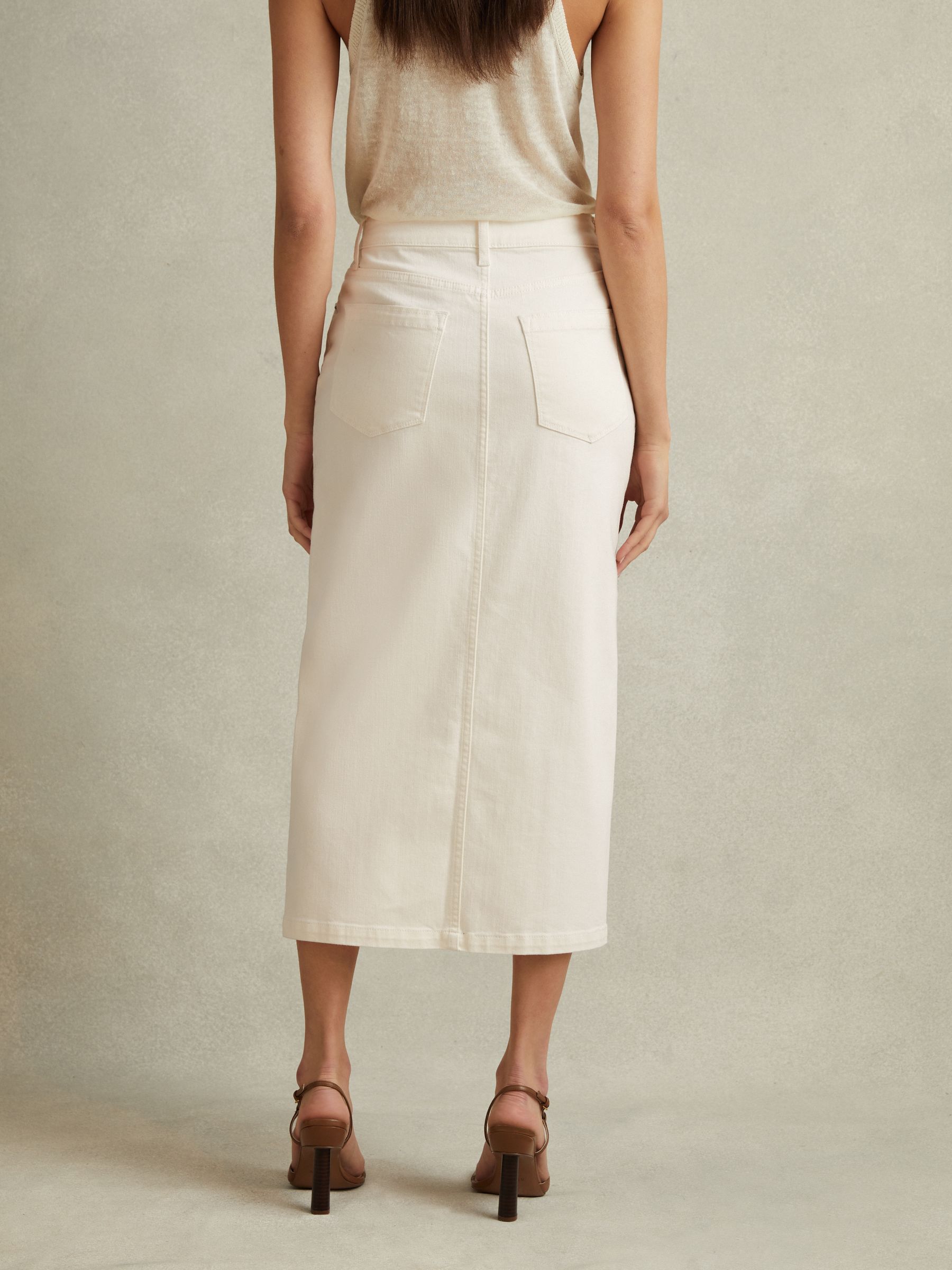 High Rise Denim Midi Skirt in Ivory - Image 4 of 5