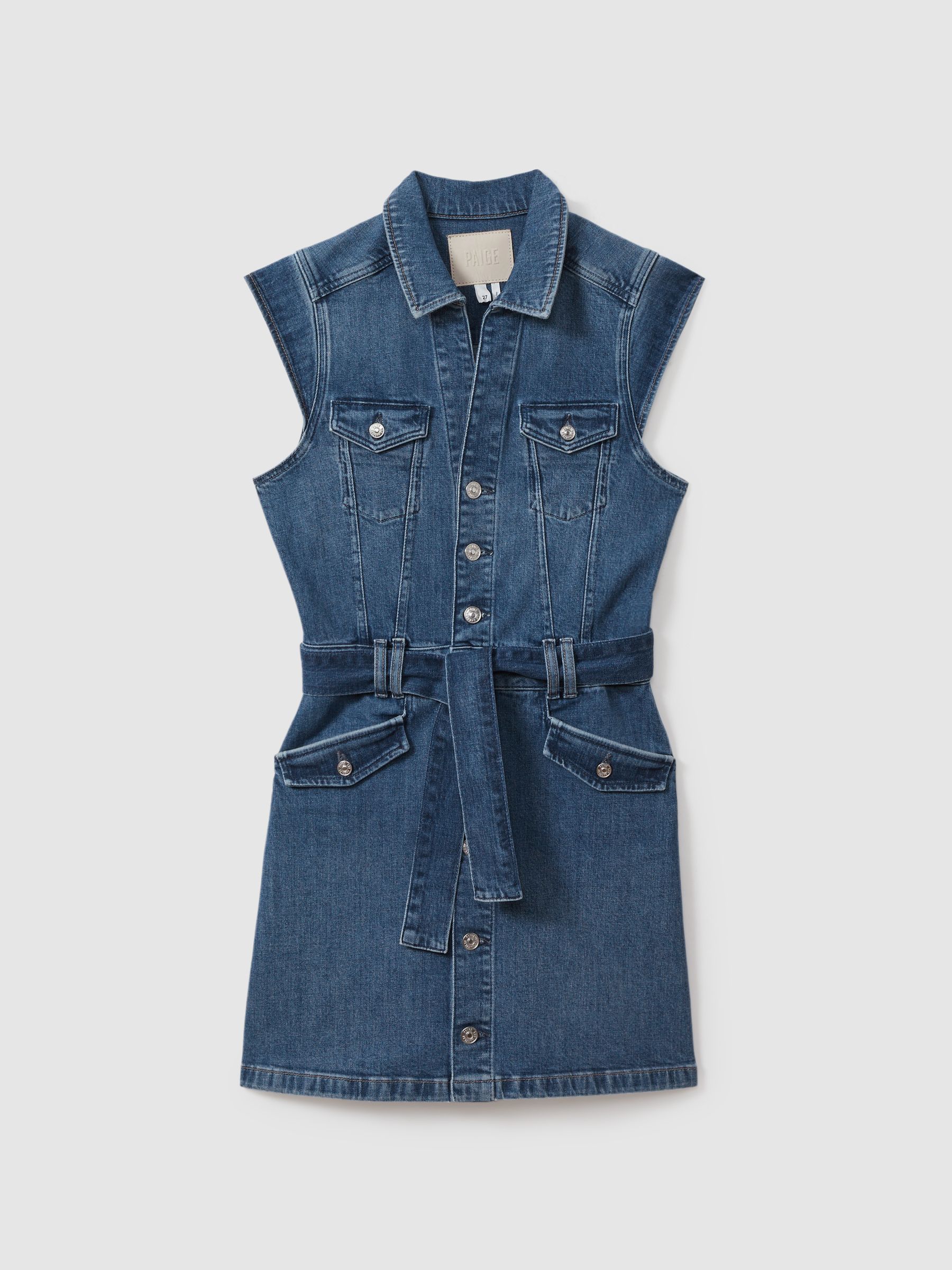 Paige Belted Denim Mini Dress in Kamilla Blue - Image 1 of 5