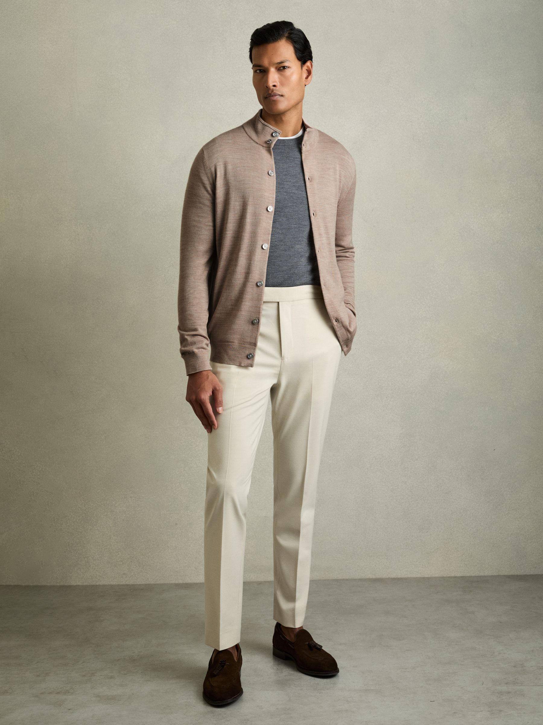 Merino Wool Button-Through Funnel Neck Cardigan in Wheat Melange - Image 1 of 7