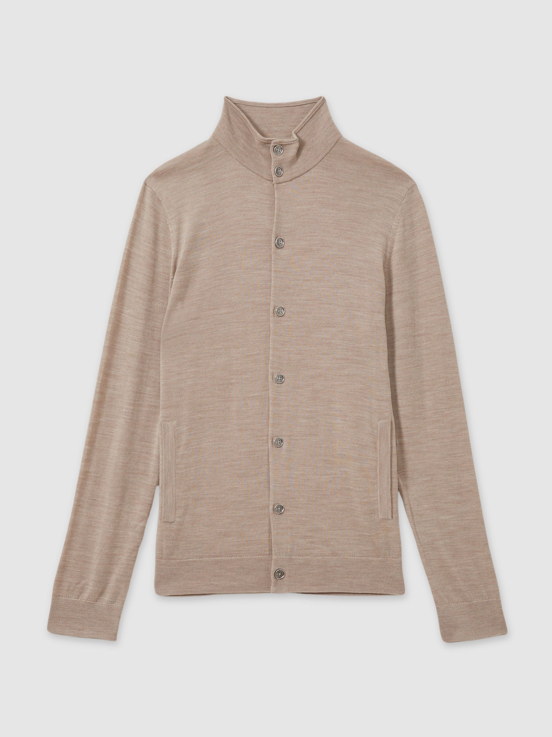 Merino Wool Button-Through Funnel Neck Cardigan in Wheat Melange - Image 2 of 7