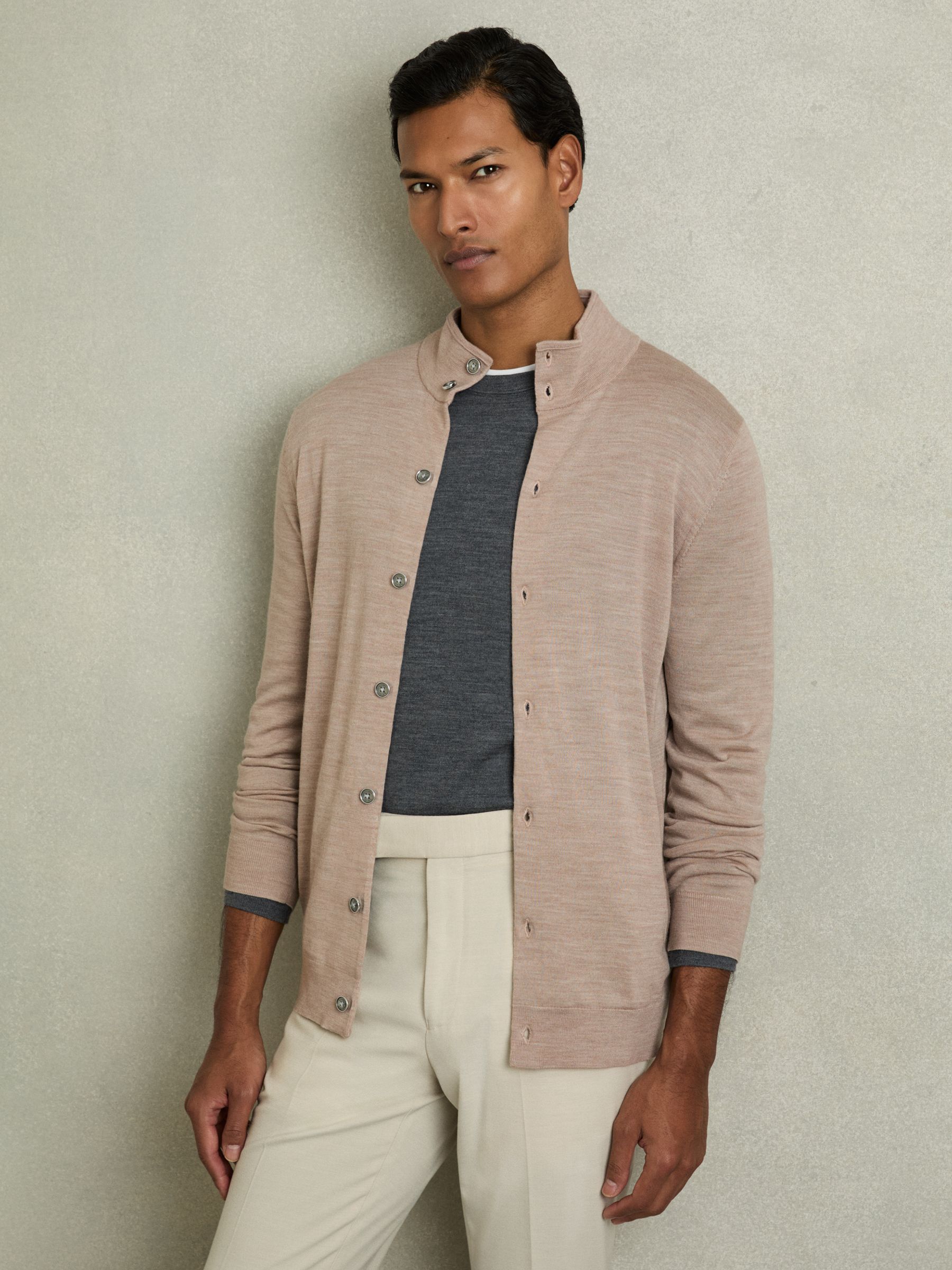 Merino Wool Button-Through Funnel Neck Cardigan in Wheat Melange - Image 3 of 7
