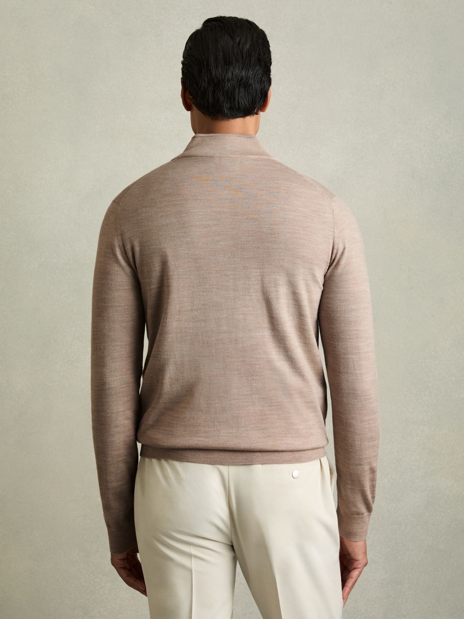 Merino Wool Button-Through Funnel Neck Cardigan in Wheat Melange - Image 5 of 7