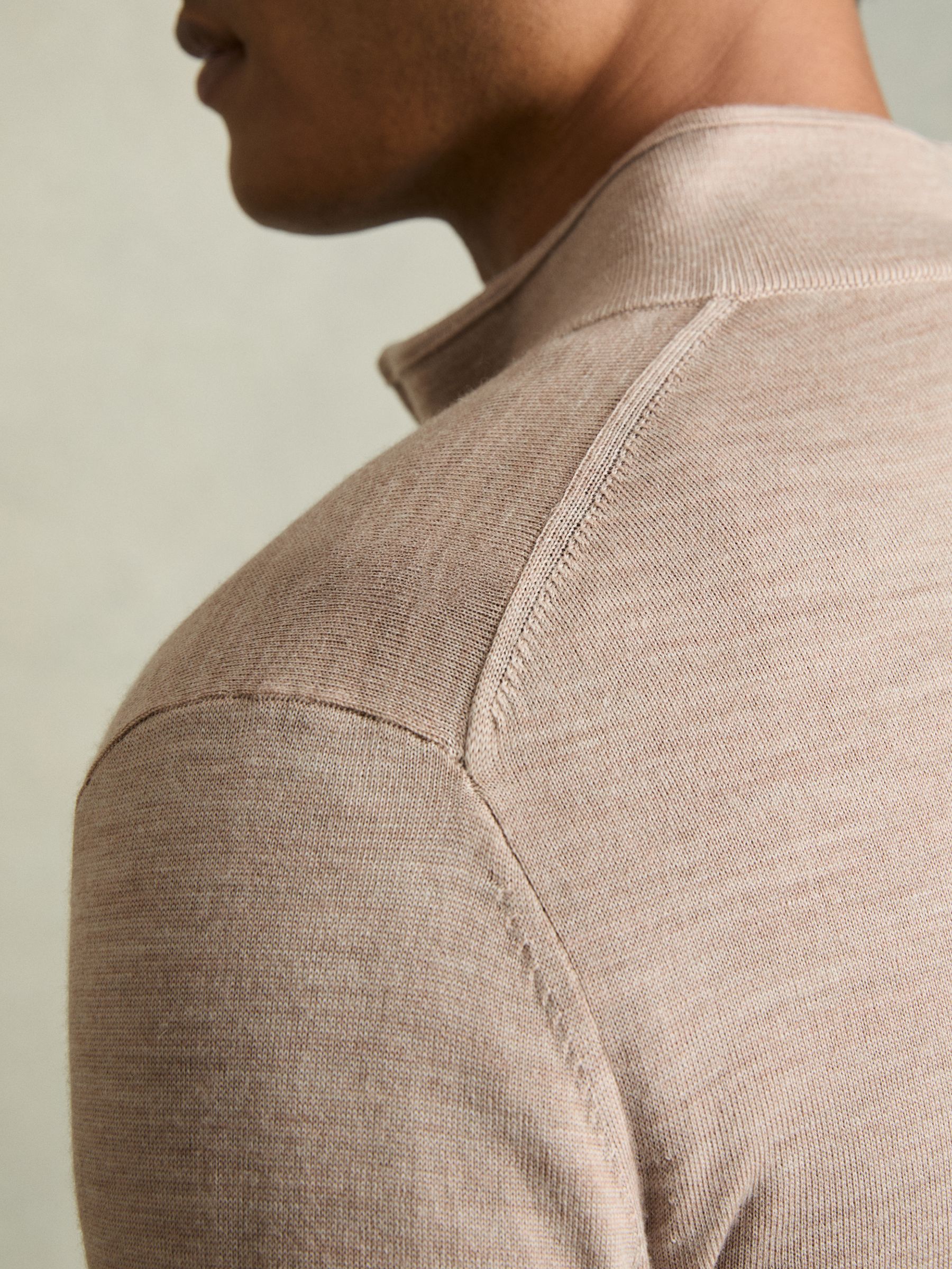 Merino Wool Button-Through Funnel Neck Cardigan in Wheat Melange - Image 6 of 7