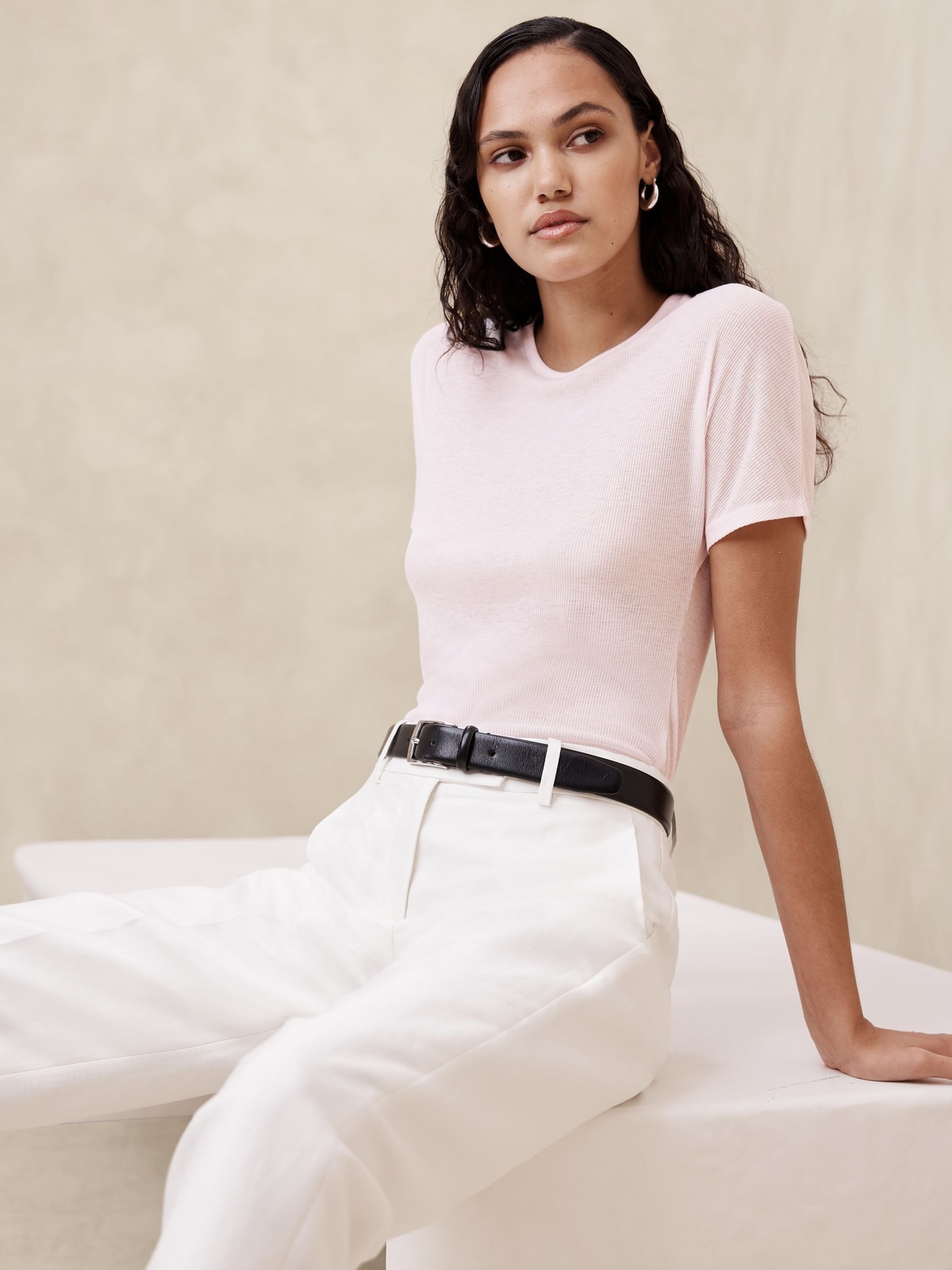 Banana Republic Pink Sheer Ribbed Crew Neck T-Shirt - Image 1 of 1