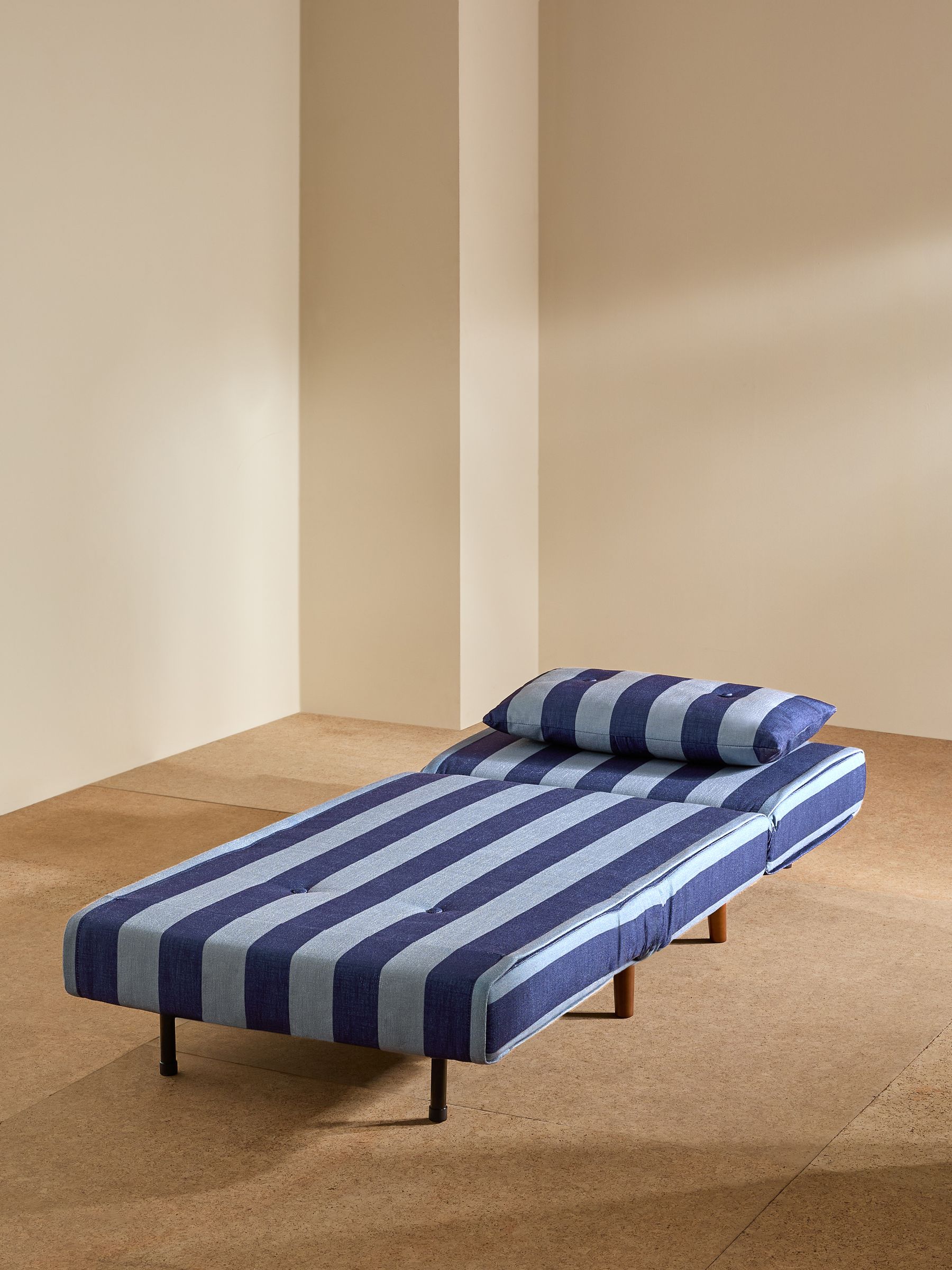 Haru Single 1 Seater Sofa Bed in Eclipse Blue Wide Stripe - Image 3 of 7