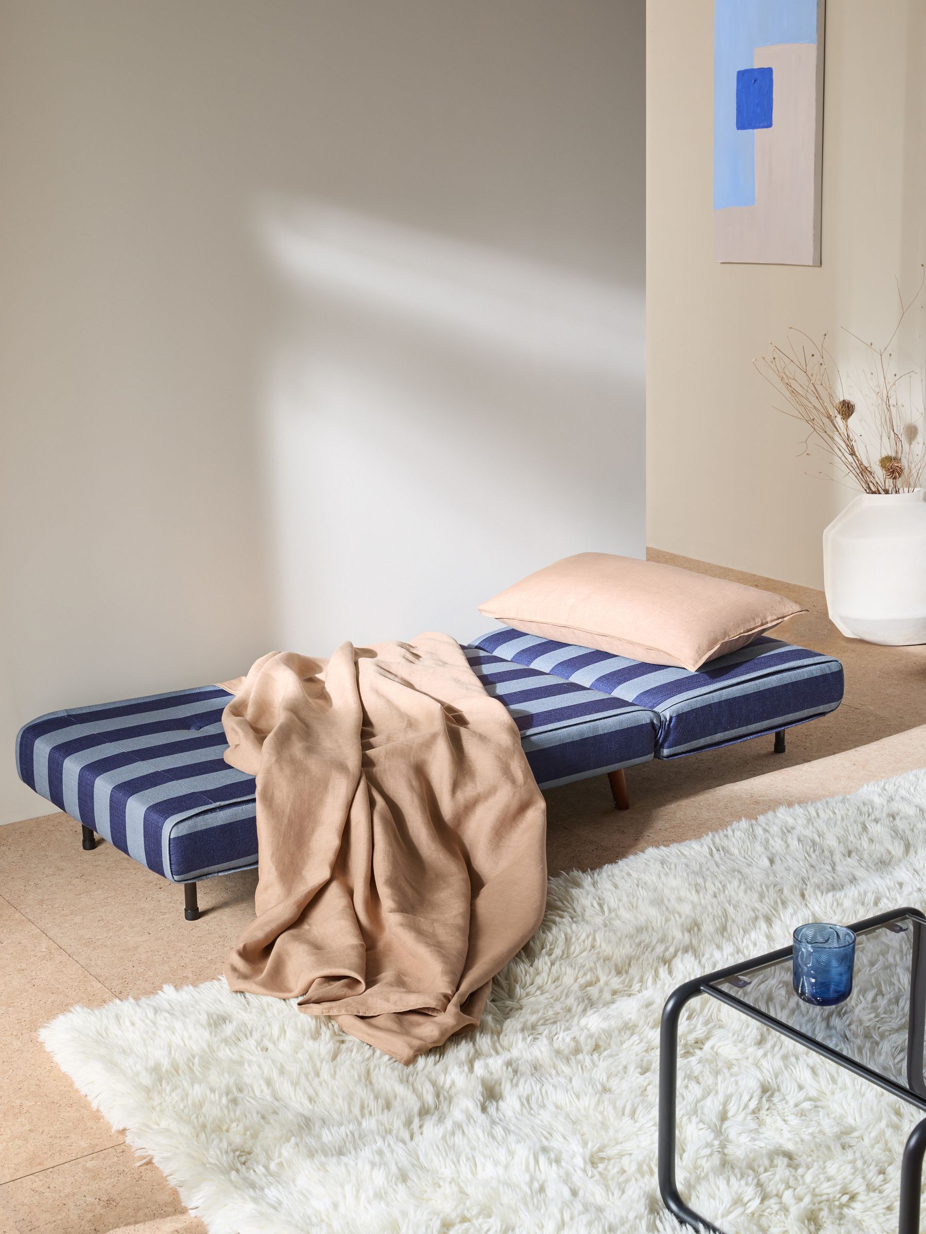 Haru Single 1 Seater Sofa Bed in Eclipse Blue Wide Stripe - Image 4 of 7