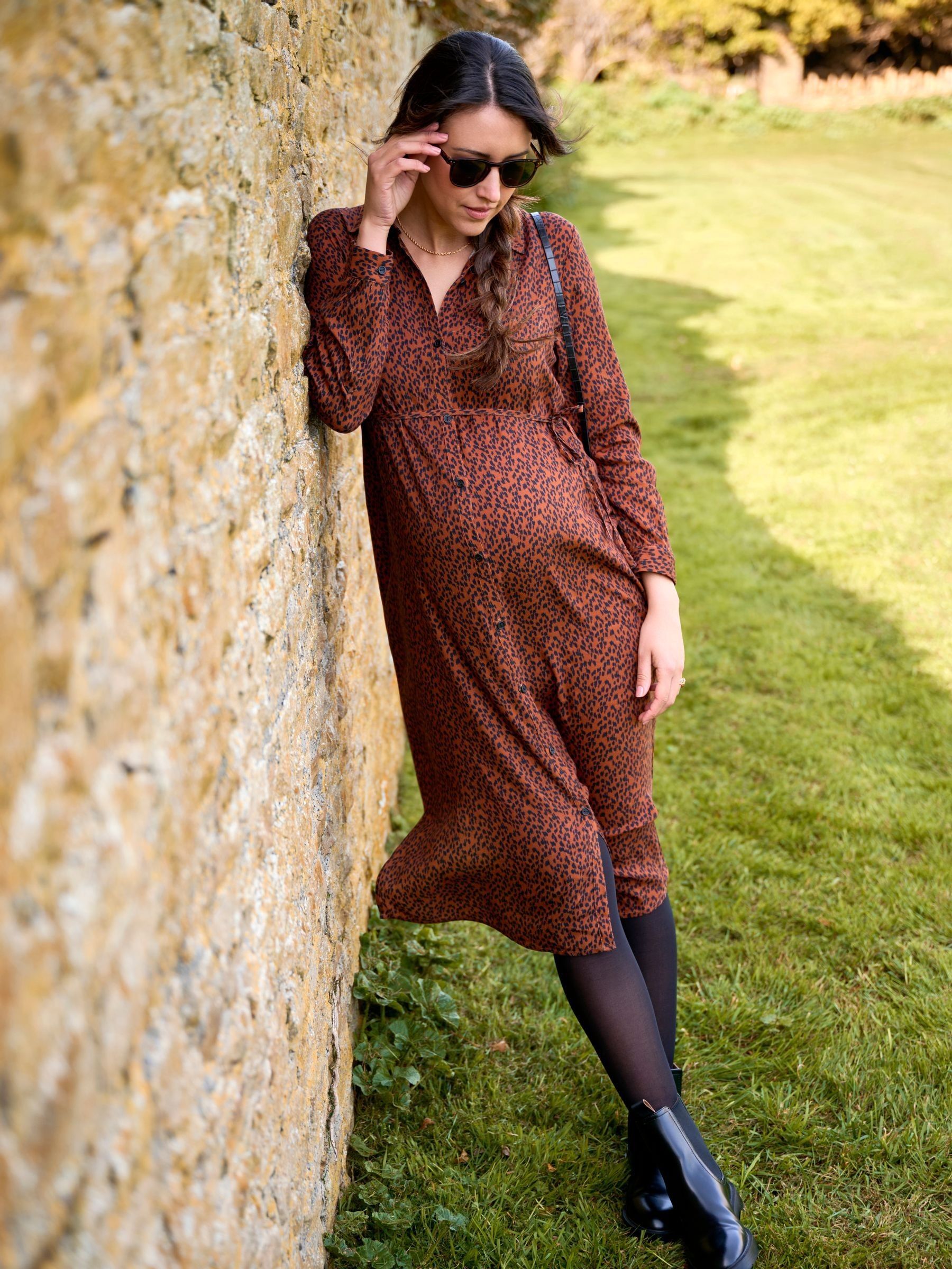 Rust Orange Animal Print Maternity Midi Shirt Dress - Image 5 of 5