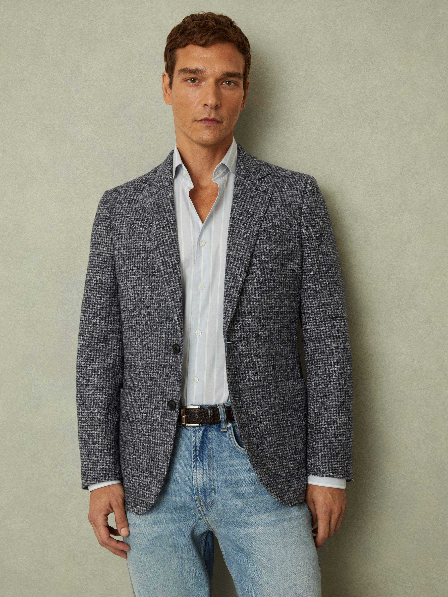 Tweed Single-Breasted Blazer with Wool in Navy/Grey - Image 1 of 6