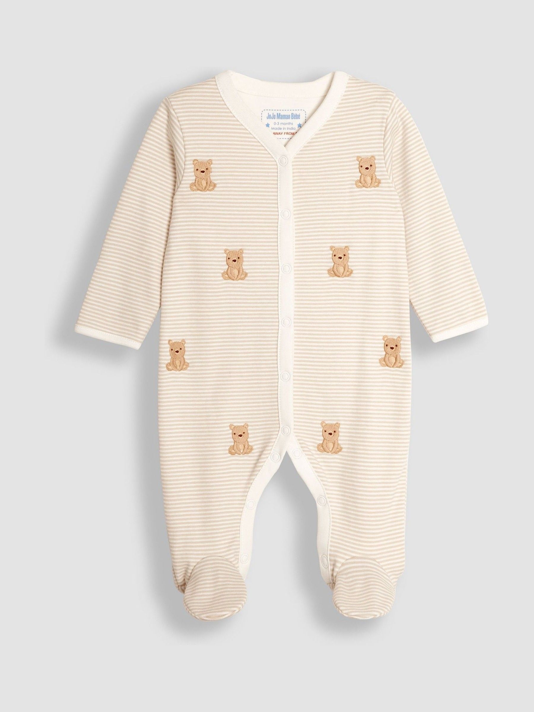 Stripe Bear Embroidered Cotton Baby Sleepsuit - Image 3 of 5
