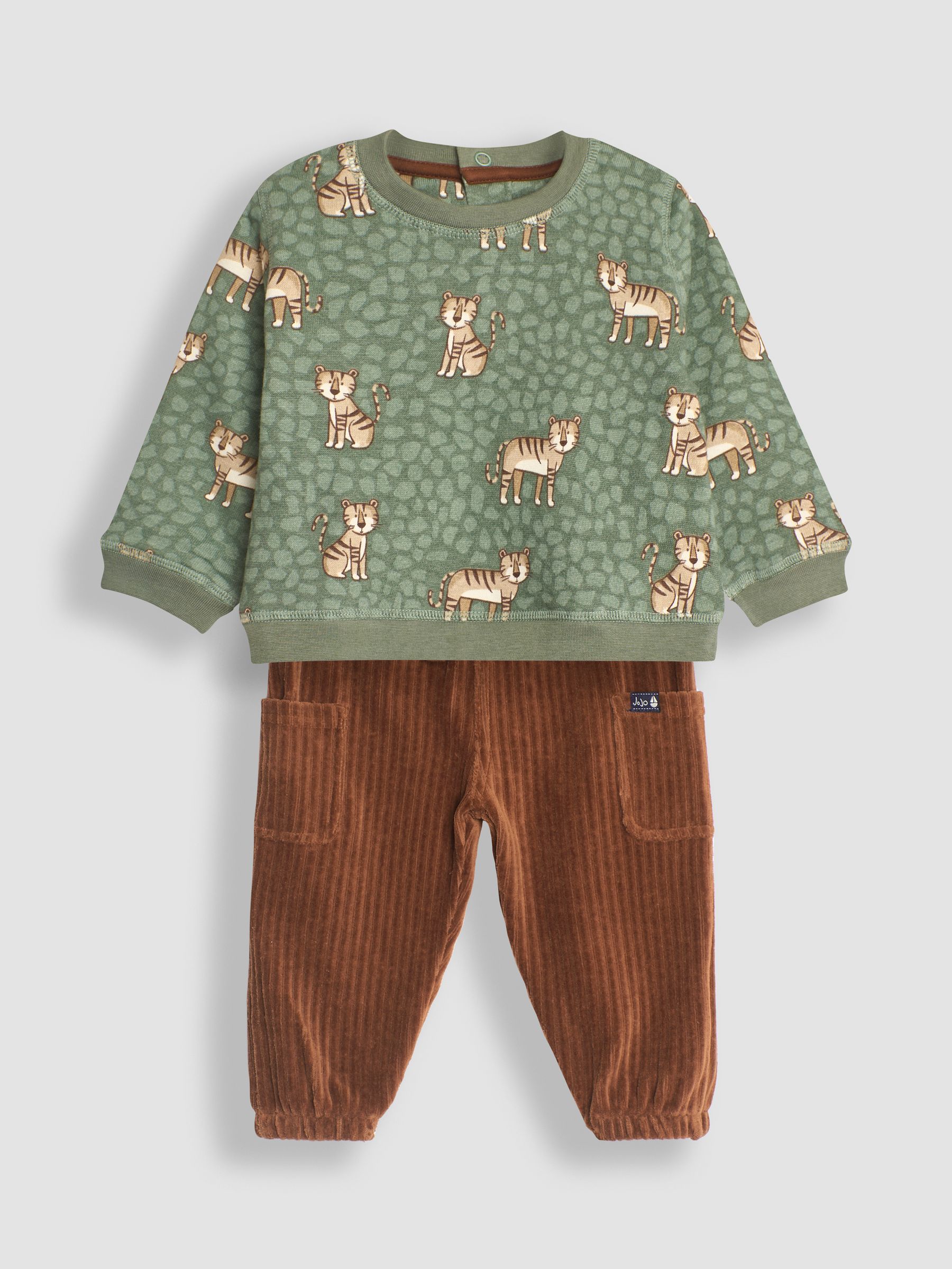 Khaki Green Tiger Tiger Print Sweatshirt & Velour Cargo Jogger Set - Image 1 of 5