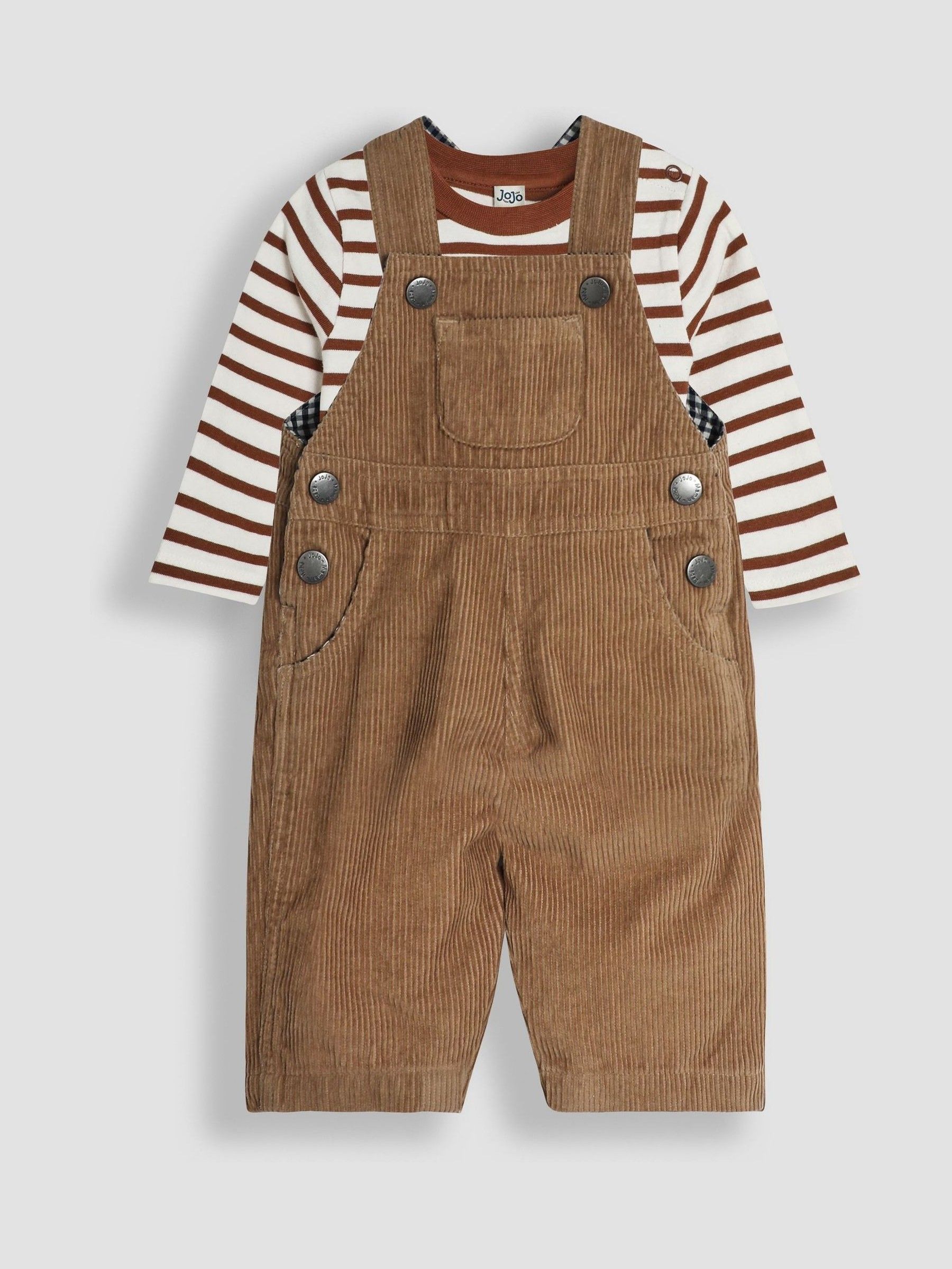 Stone 2-Piece Classic Cord Dungarees & Stripe Top Set - Image 1 of 6