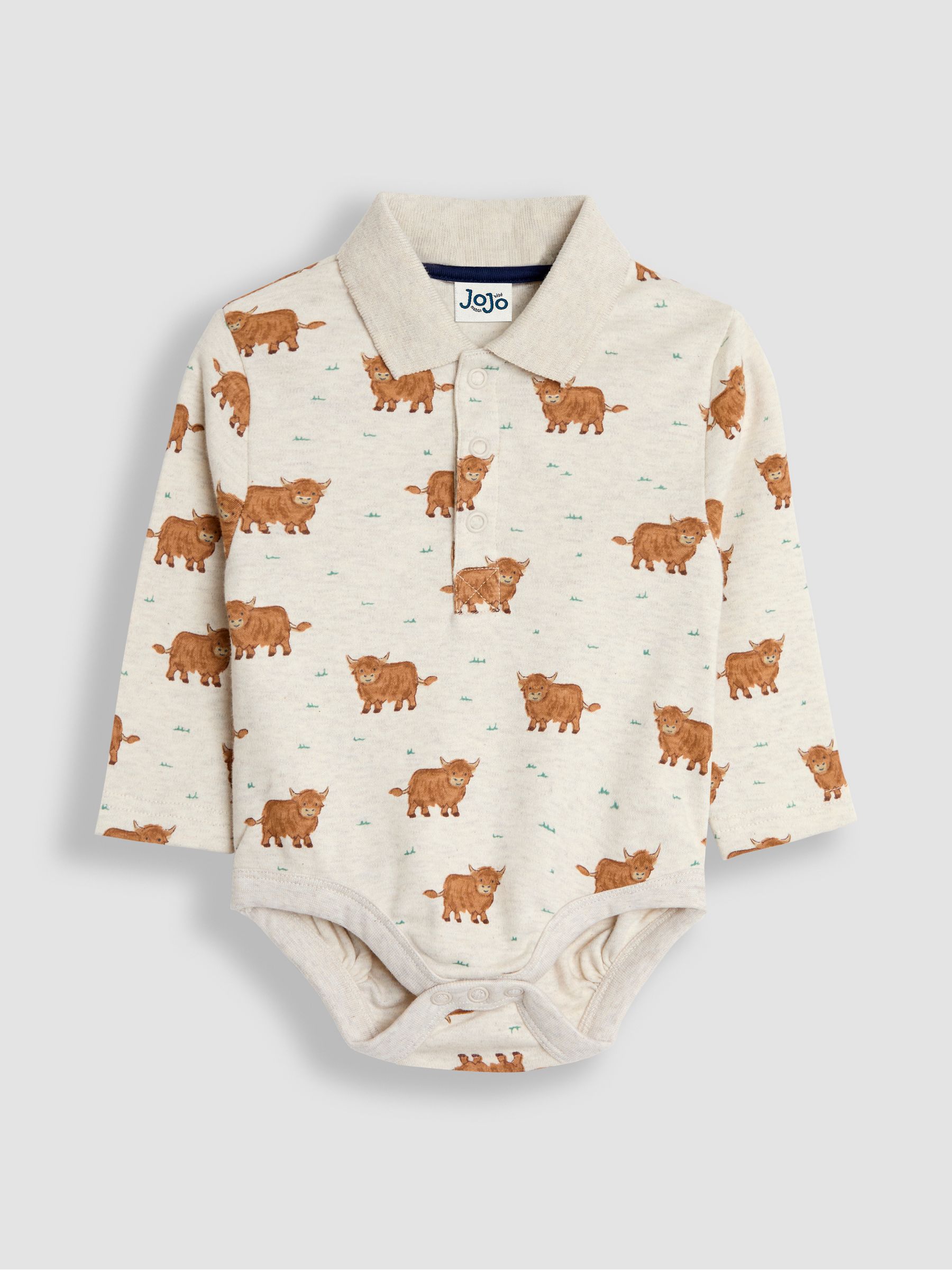 Beige Brown Highland Cow Printed Polo Shirt Bodysuit - Image 1 of 3