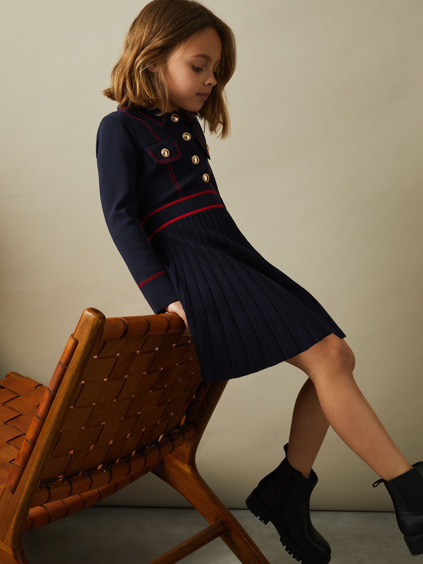 Knitted Contrast Stitch Dress in Navy - Image 2 of 4