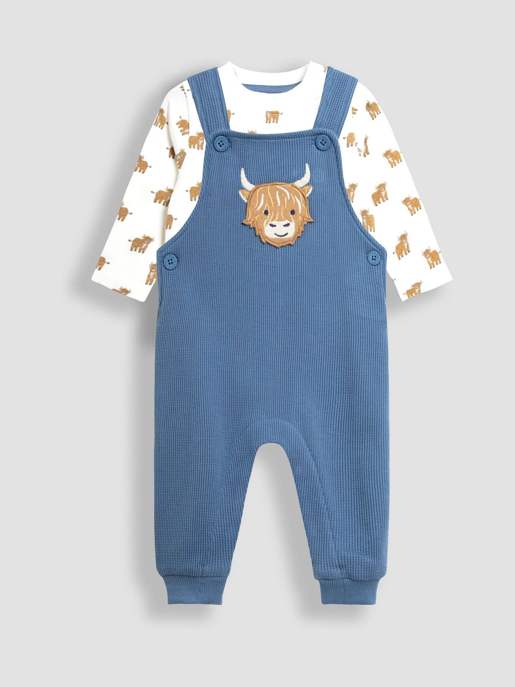 Blue Highland Cow Appliqué Dungarees & Print Top Set - Image 1 of 6