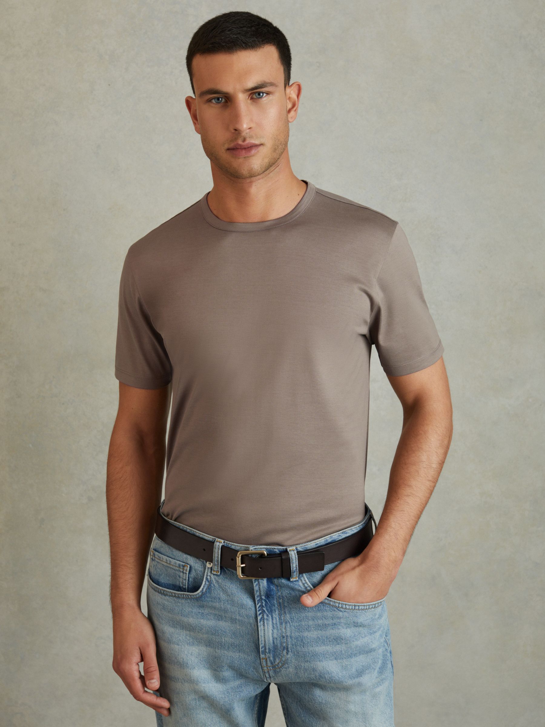 Mercerised Cotton Crew Neck T-Shirt in Cinder - Image 1 of 6