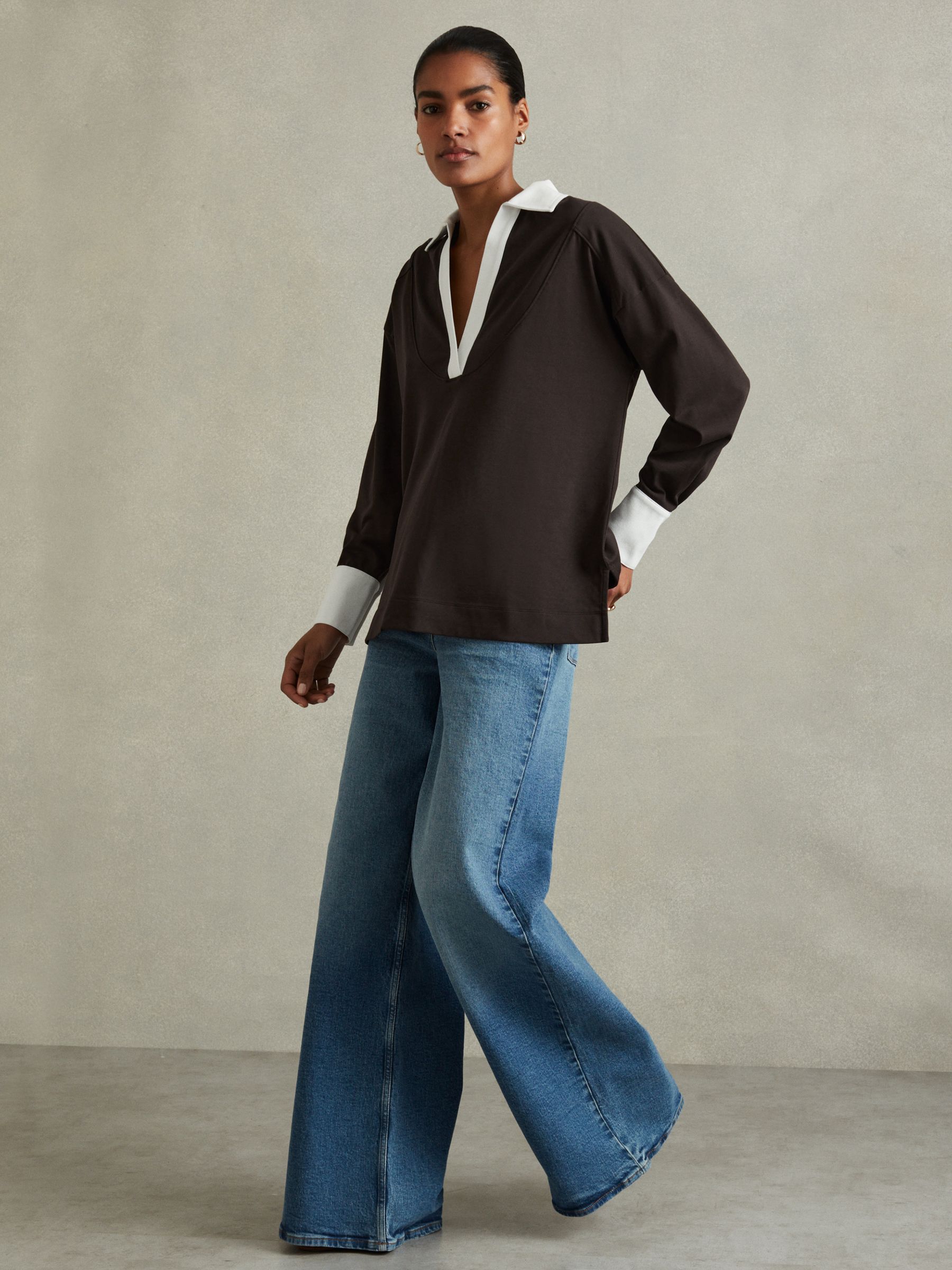 Aspen Chocolate/White Oversized Cotton Open Collar Jumper - Image 1 of 6