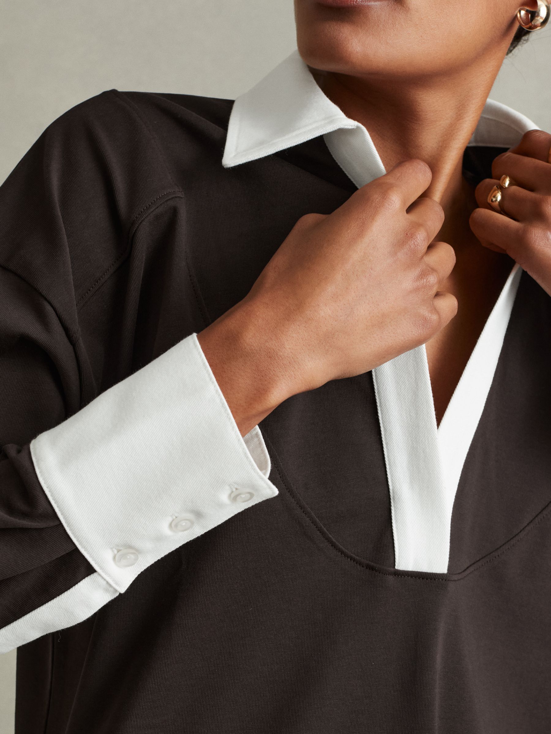 Aspen Chocolate/White Oversized Cotton Open Collar Jumper - Image 3 of 6