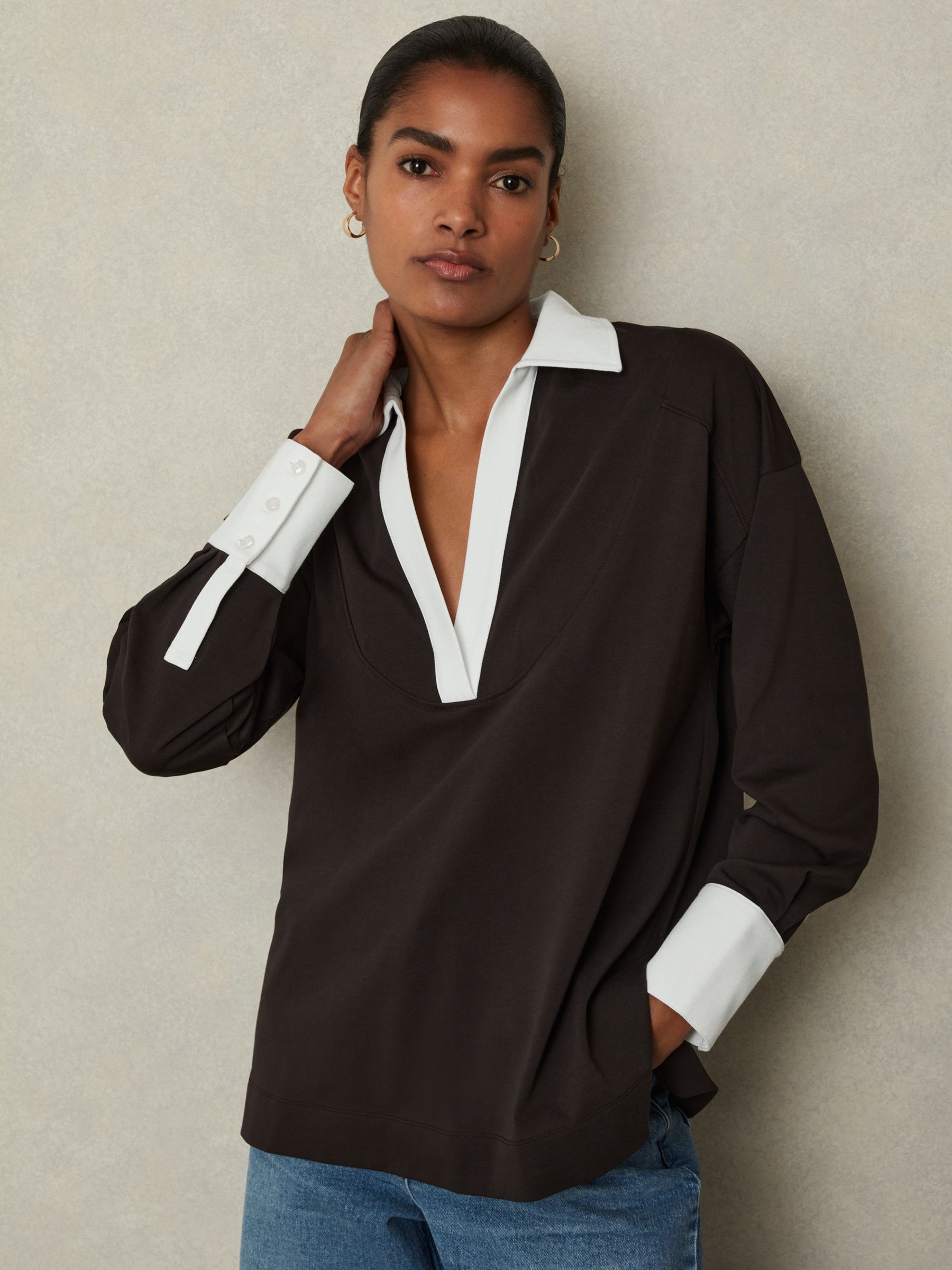 Aspen Chocolate/White Oversized Cotton Open Collar Jumper - Image 4 of 6