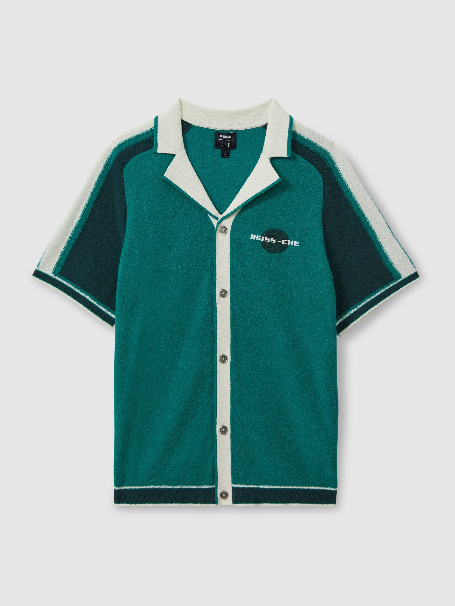 Reiss | Ché Towelling Cuban Collar Shirt in Bright Green - Image 2 of 6 Reiss | Ché Towelling Cuban Collar Shirt in Bright Green - Image 2 of 6