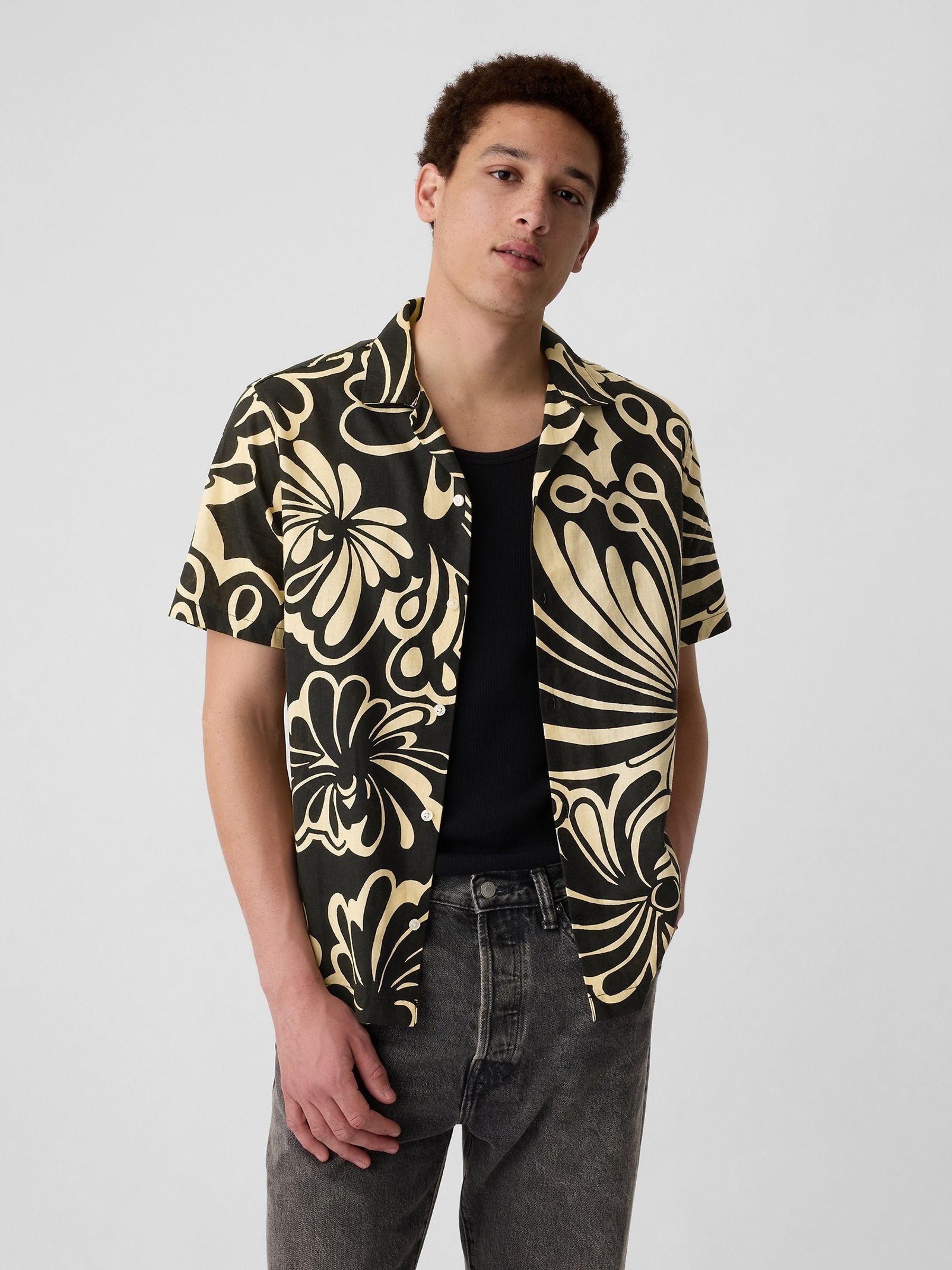 Black Floral Linen Blend Regular Fit Short Sleeve Holiday Shirt - Image 1 of 4