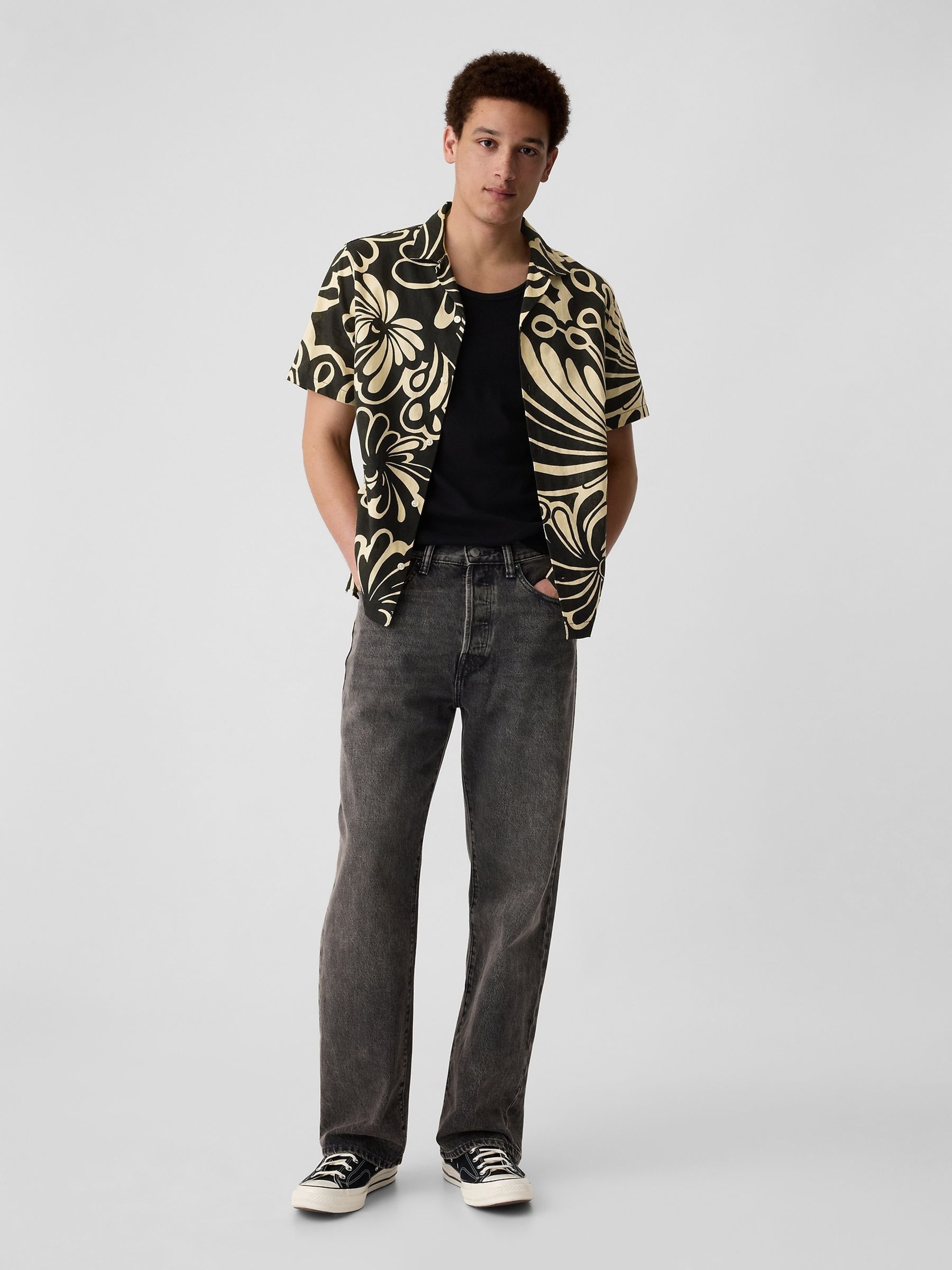 Black Floral Linen Blend Regular Fit Short Sleeve Holiday Shirt - Image 3 of 4