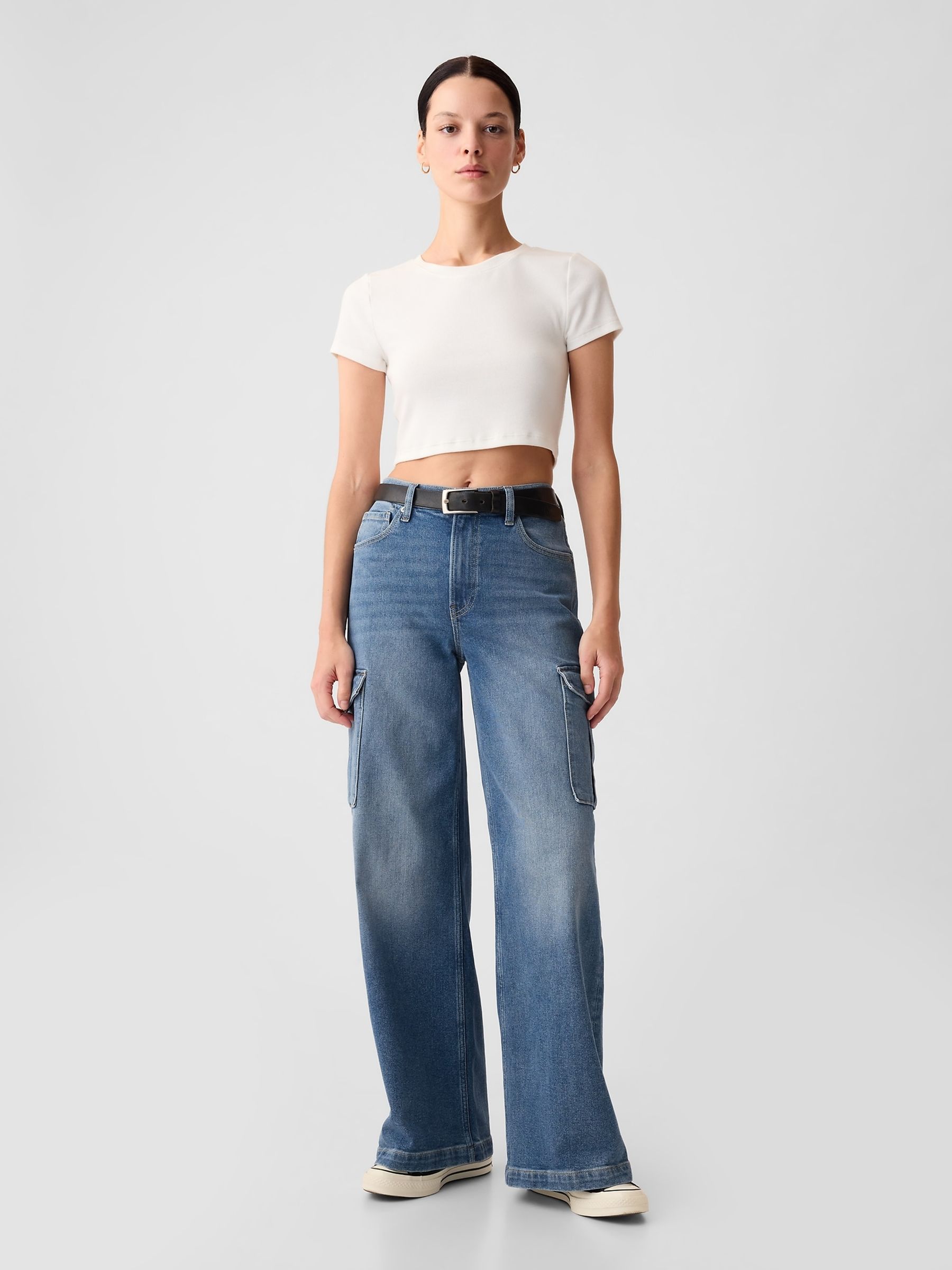 Blue High Waisted Wide Leg Cargo Jeans - Image 3 of 9