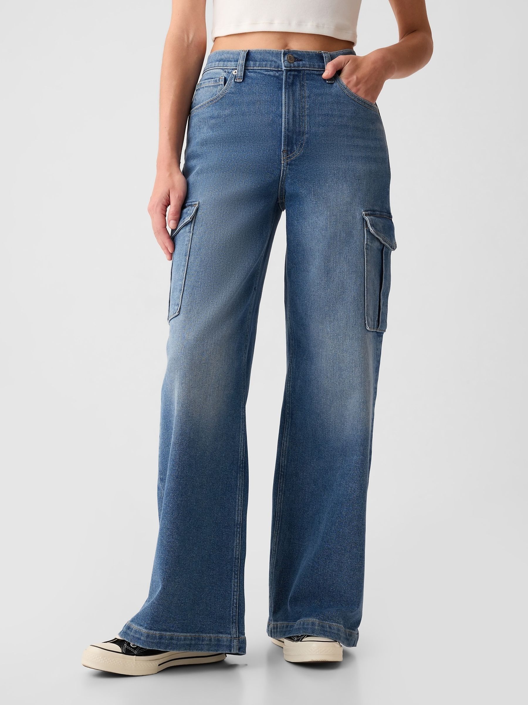 Blue High Waisted Wide Leg Cargo Jeans - Image 5 of 9