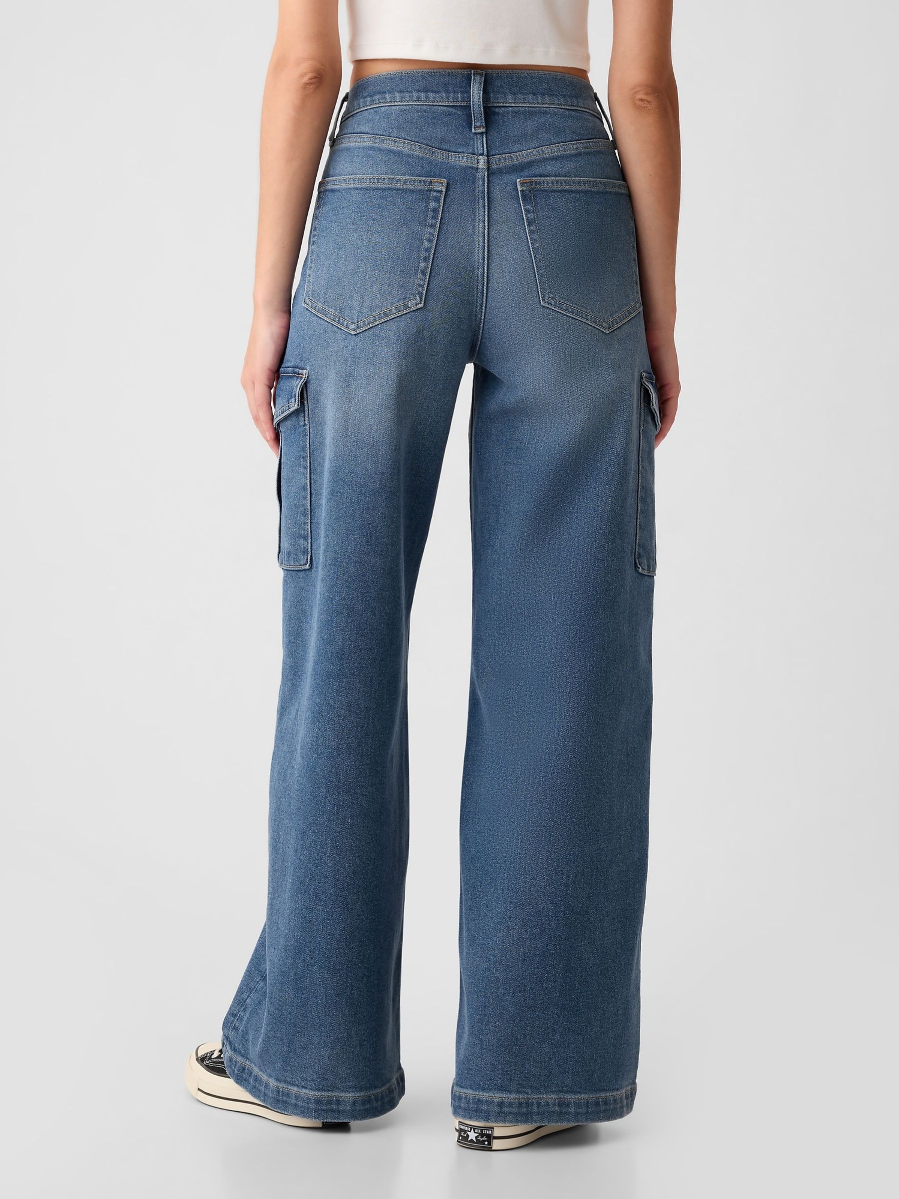 Blue High Waisted Wide Leg Cargo Jeans - Image 6 of 9
