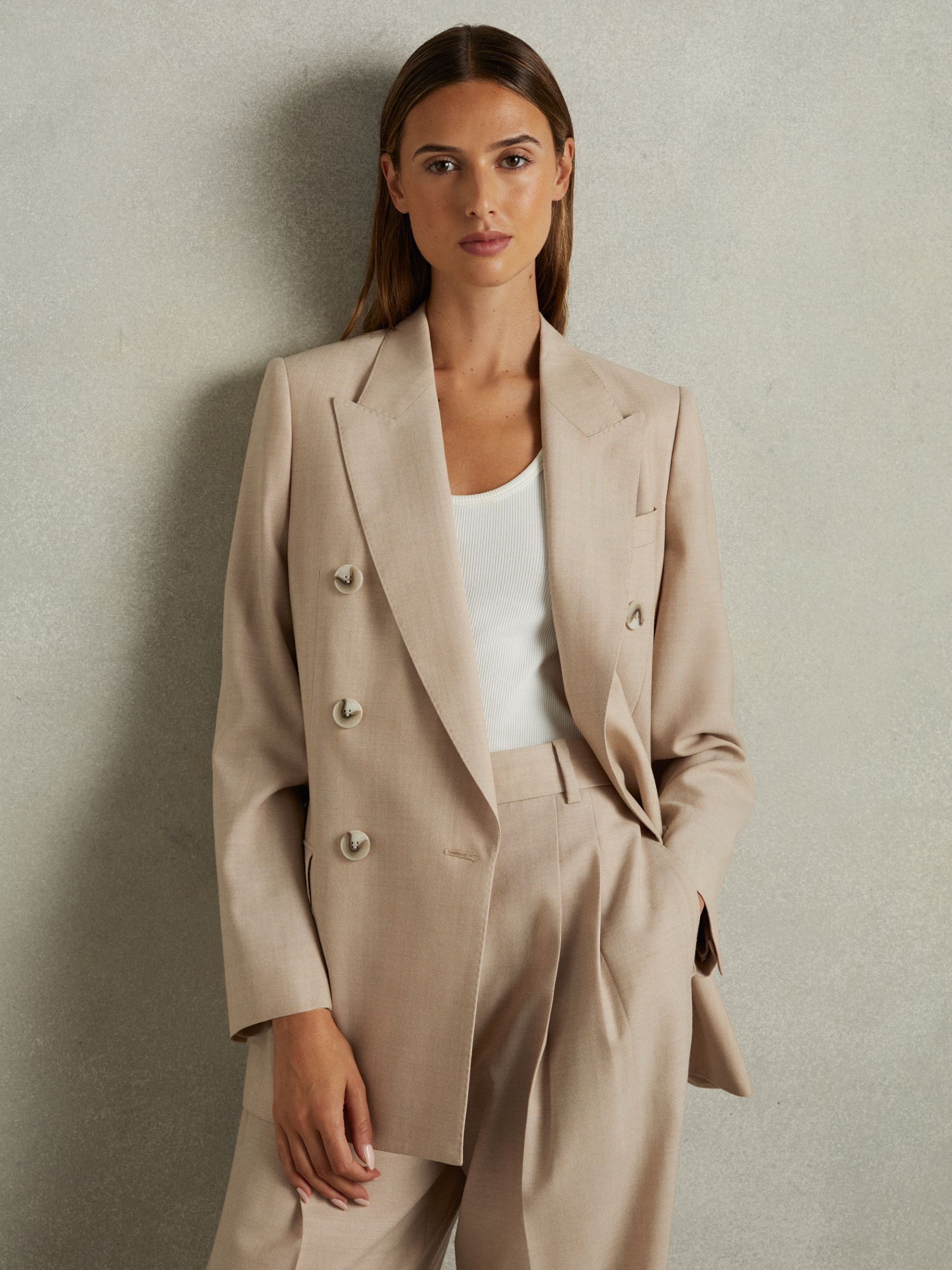 Petite Wool Double Breasted Suit Blazer in Neutral - Image 1 of 7