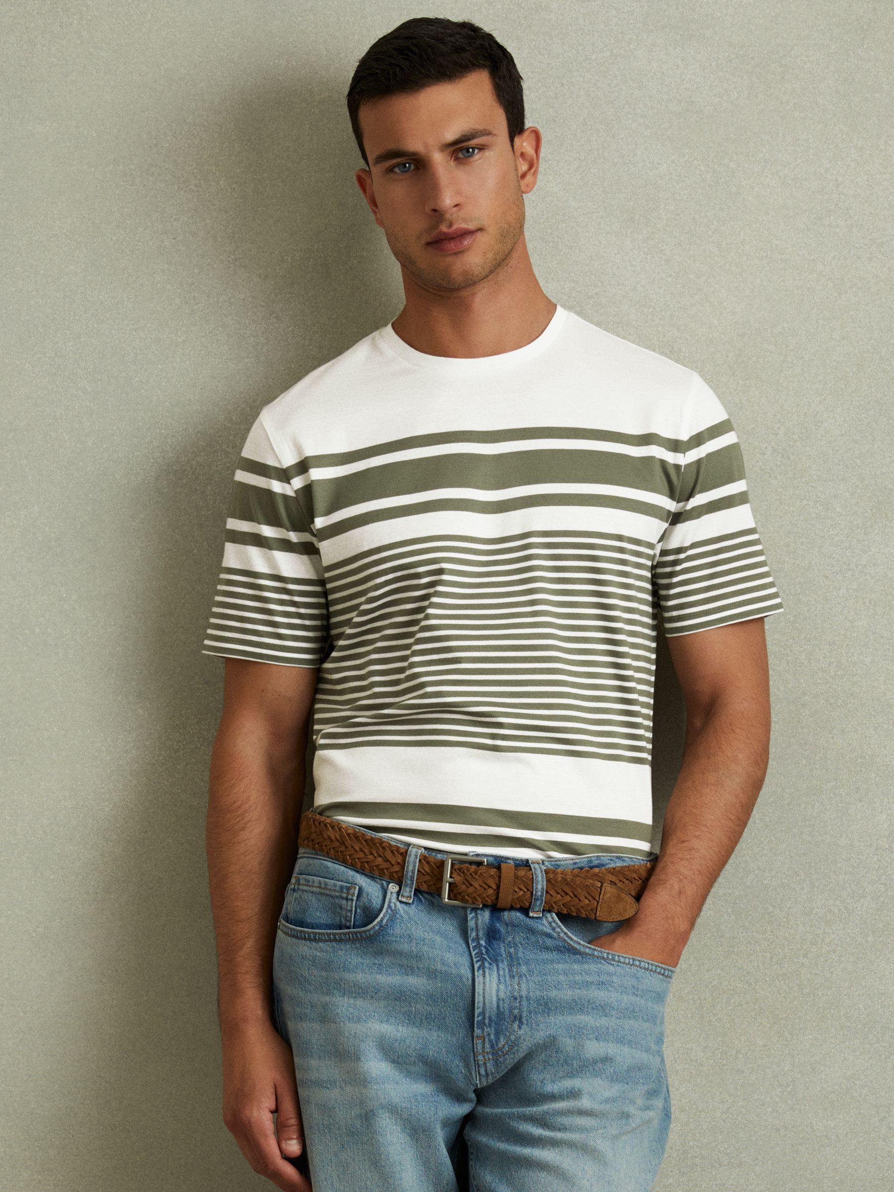 Mercerised Cotton Striped Crew Neck T-Shirt in White/Sage - Image 1 of 5