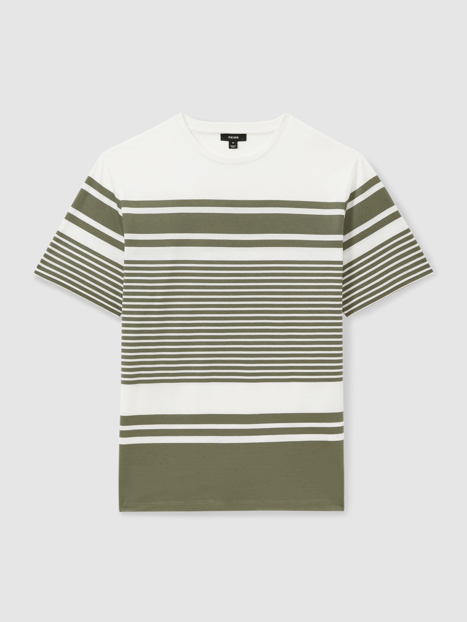 Mercerised Cotton Striped Crew Neck T-Shirt in White/Sage - Image 2 of 5