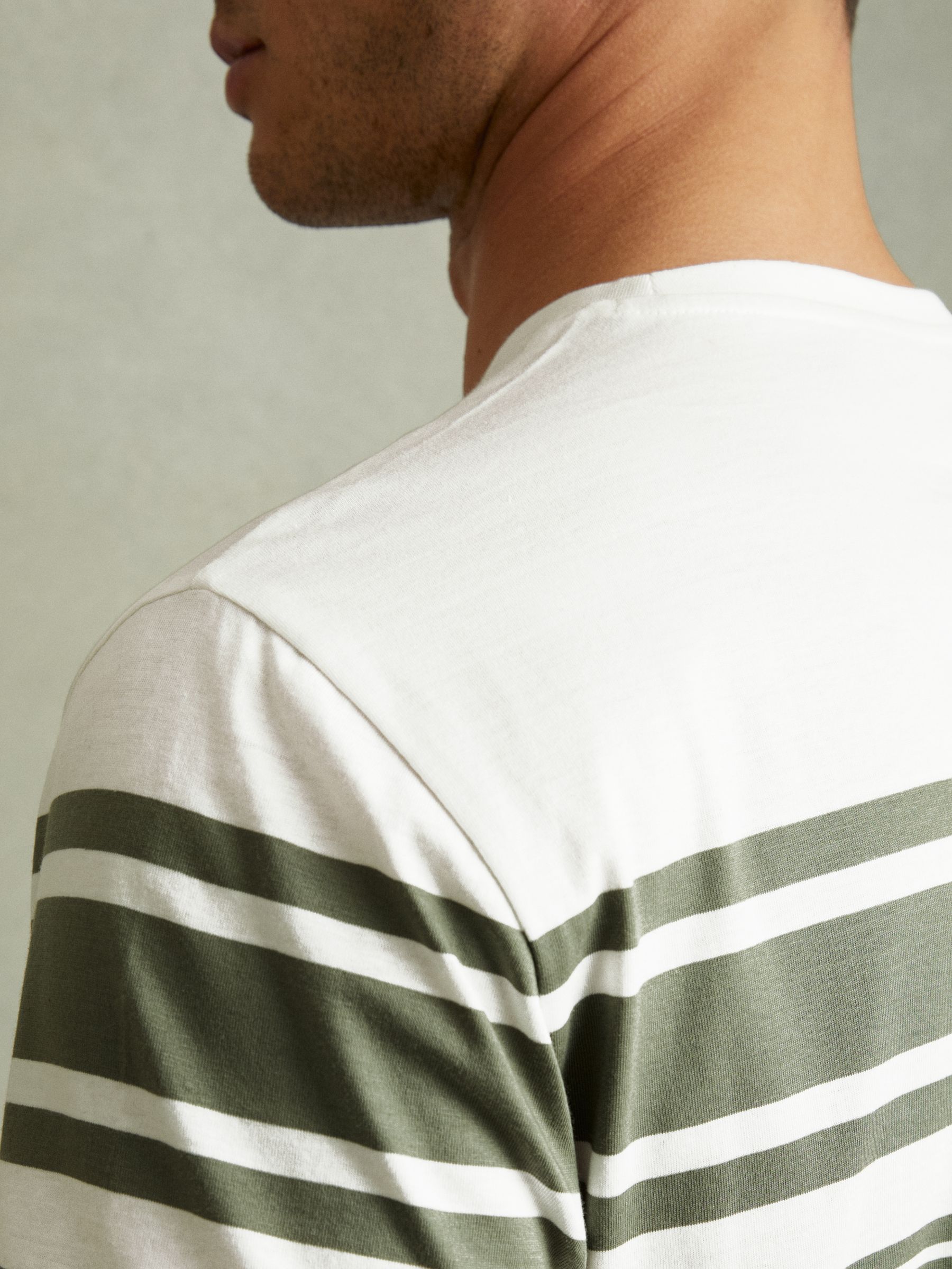 Mercerised Cotton Striped Crew Neck T-Shirt in White/Sage - Image 3 of 5