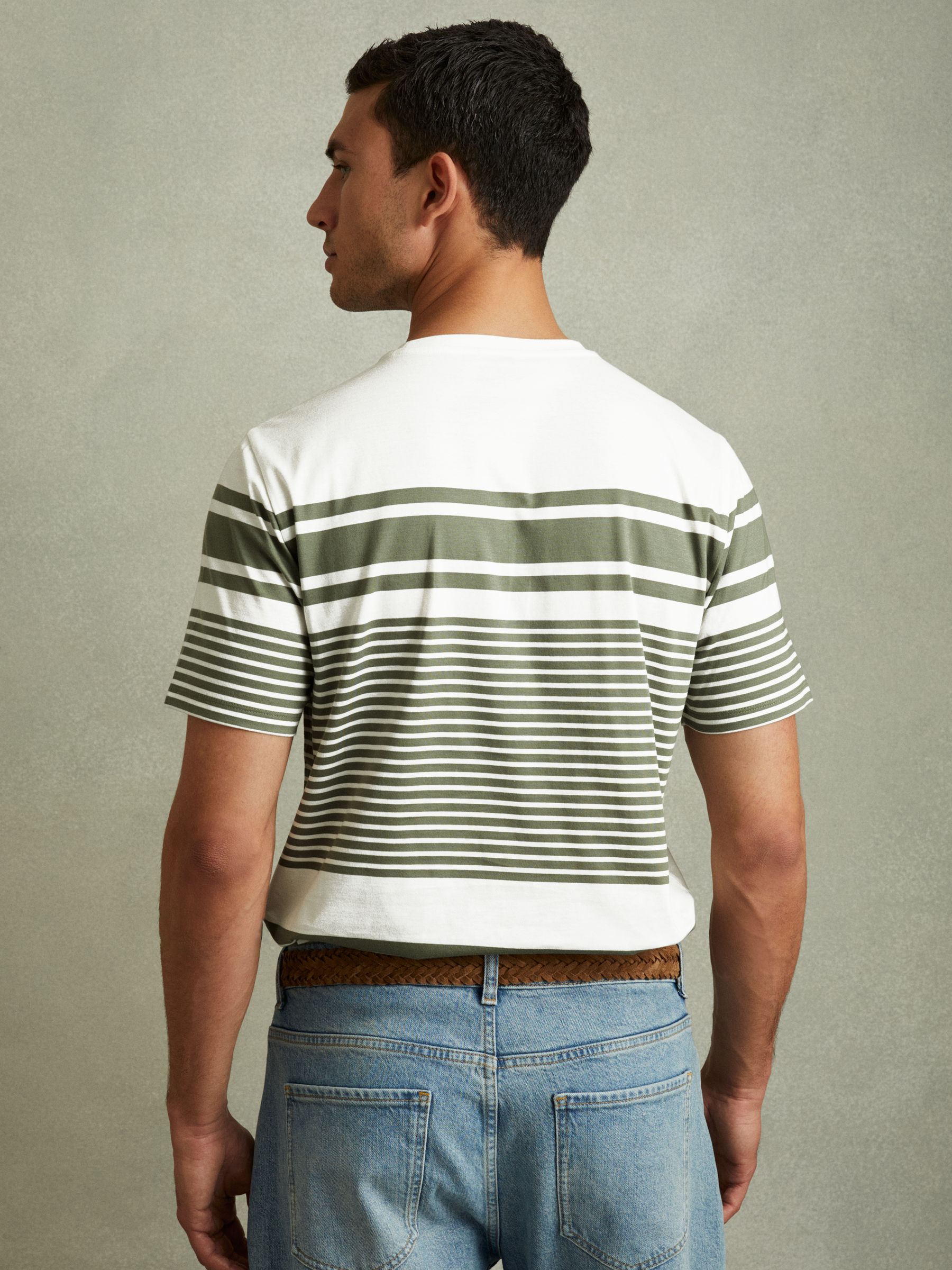 Mercerised Cotton Striped Crew Neck T-Shirt in White/Sage - Image 4 of 5